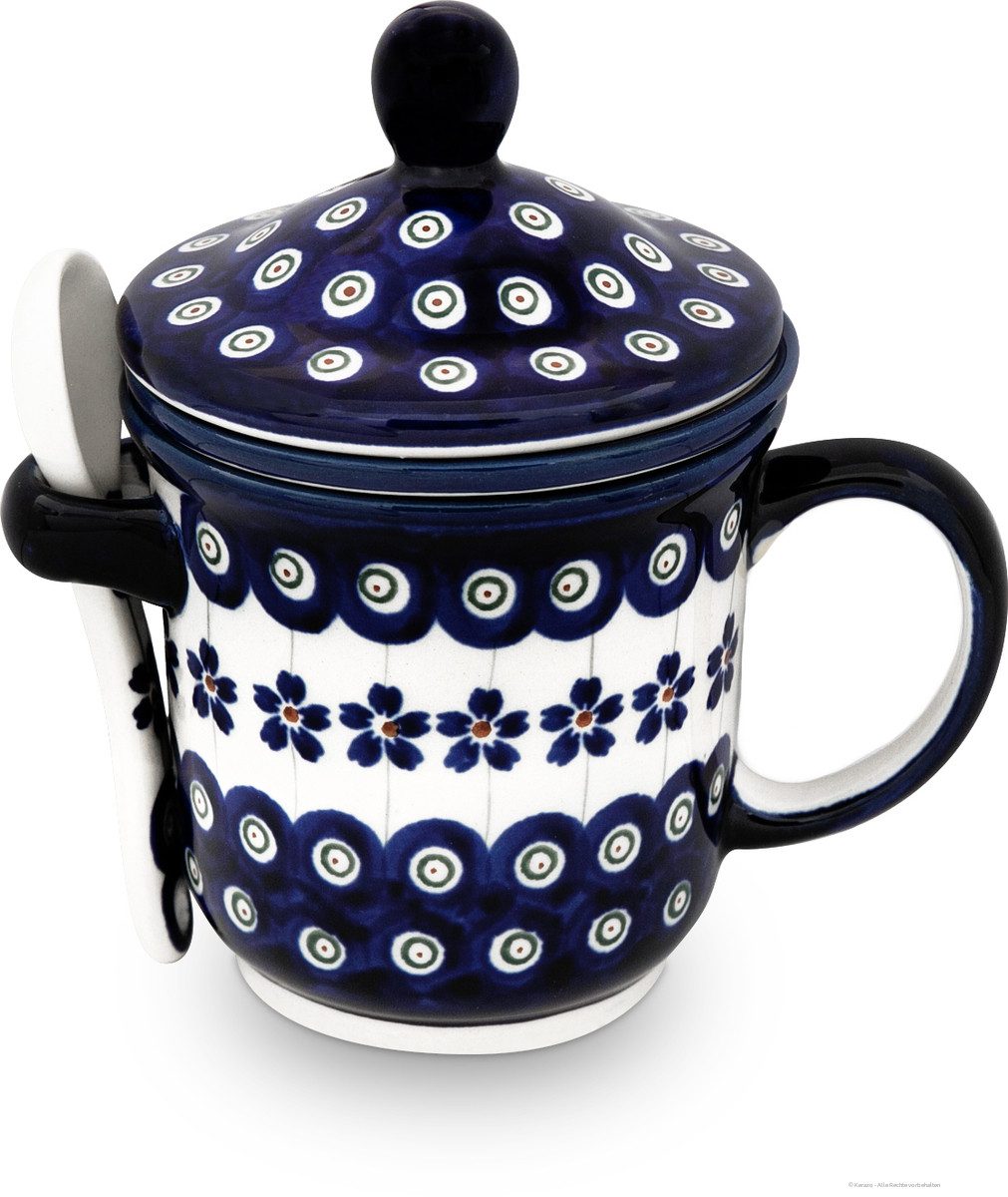 Bunzlauer Keramik Becher Bunzlauer Keramik 270ml Teebecher mit Deckel,Teesieb,Löffel Dekor 166a, Keramik