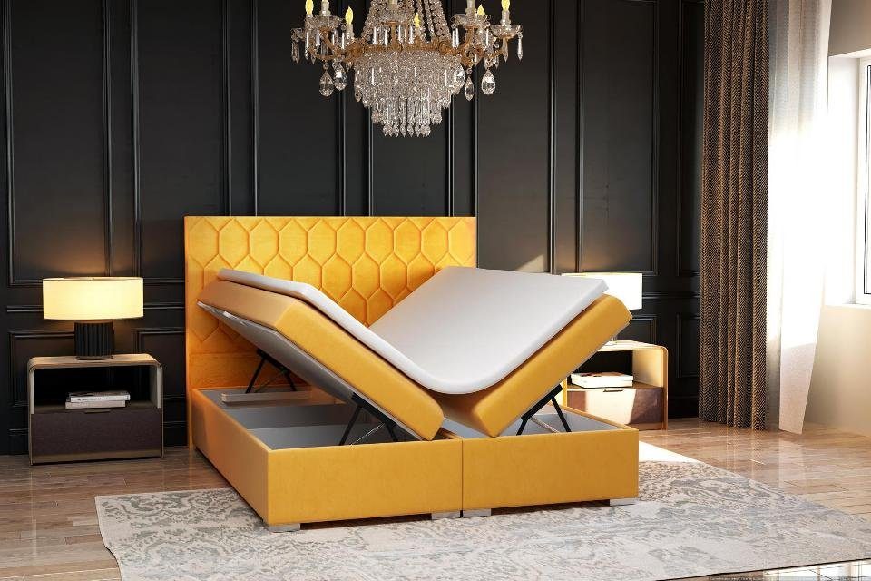 JVmoebel Luxus Boxspring Betten Gelb Hotel Polster Design Bettkasten Bett Samt Bett