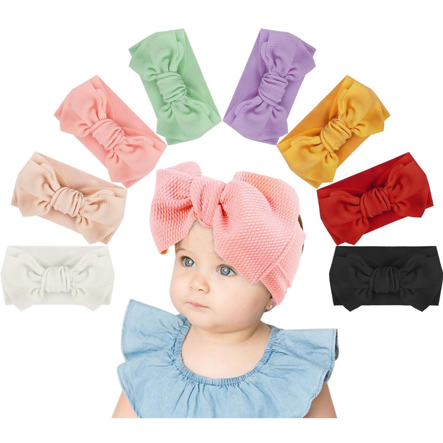 Gwotfy 9 Stück Baby Stirnbänder Baby Turban Stirnband Set-Bowknot Haarband weiche süße Kopfbedeckung elastisch für Neugeborene/Mädchen/Jungen/Kinder Baby Kleinkind Haarband 