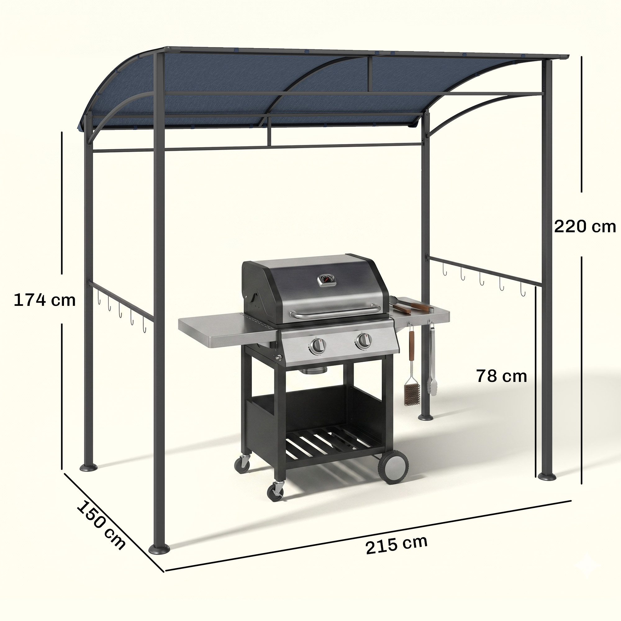 Outsunny Grillpavillon mit Haken für Utensilien, Stahlrahmen, mit 1 Seitenteilen, (Grillpavillon, Grillüberdachung), für Garten, Balkon, Grau