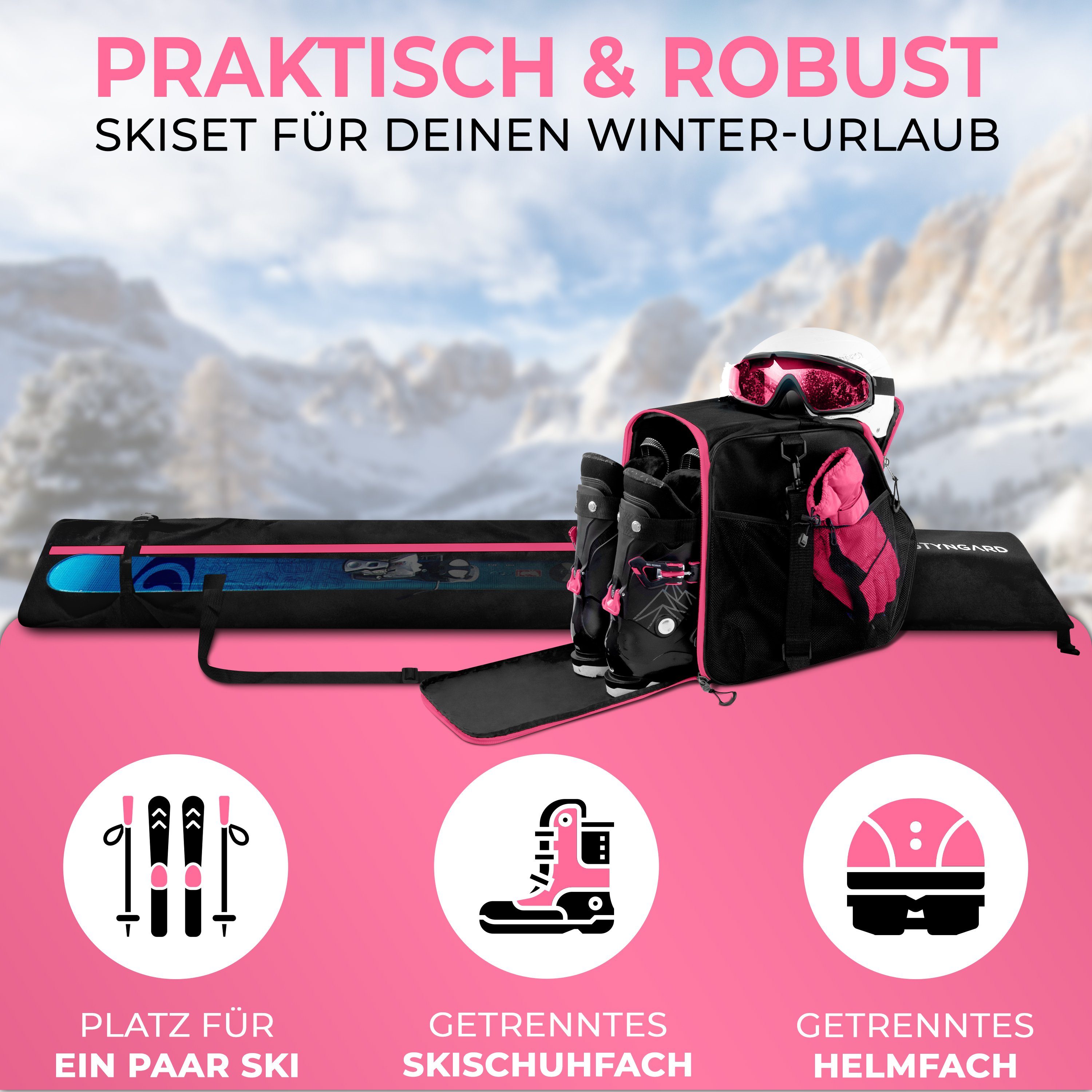 Styngard Skitasche Vancouver (Set Skisack cm] L) Schwarz-Pink und cm 200 mit Skischuhtasche [40 Helmfach bis [140