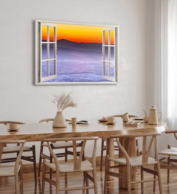 Sinus Art Leinwandbild Wandbild 120x80cm Fensterbild Sonnenuntergang Abendrot Berge Natur Win, (1 St)