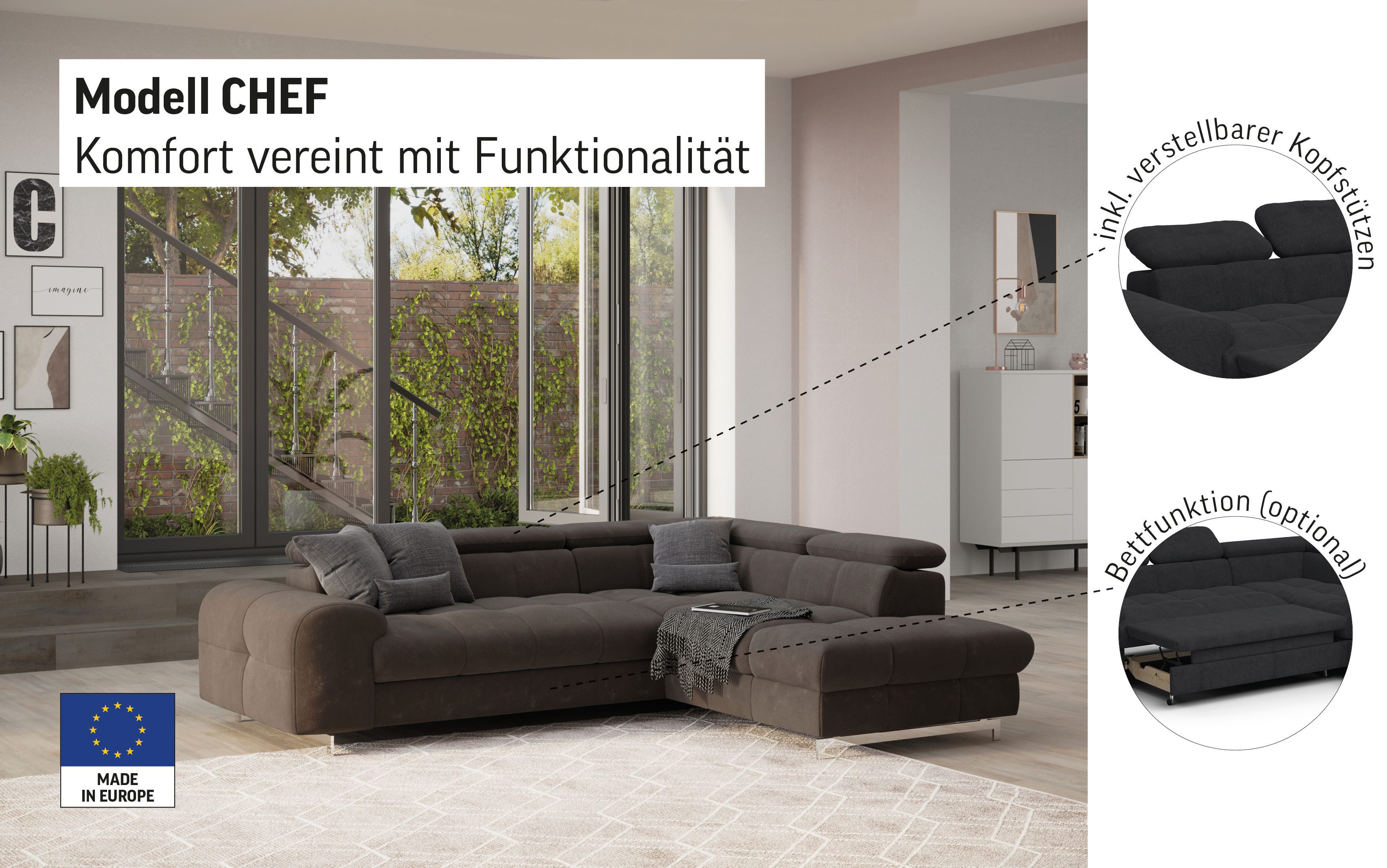 COTTA Ecksofa Chef L-Form, mit Kopfteilverstellung, edle Metallkufen, wahlweise mit Bettfunktion