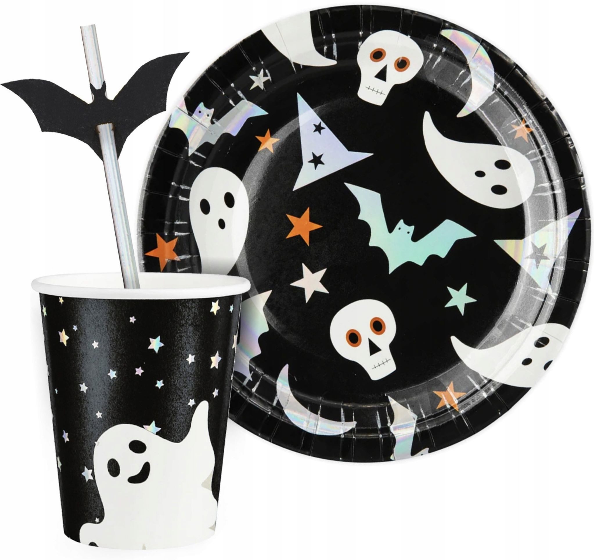 Pappteller Halloween Party Set: Teller, Becher, Strohhalme mit Geistern