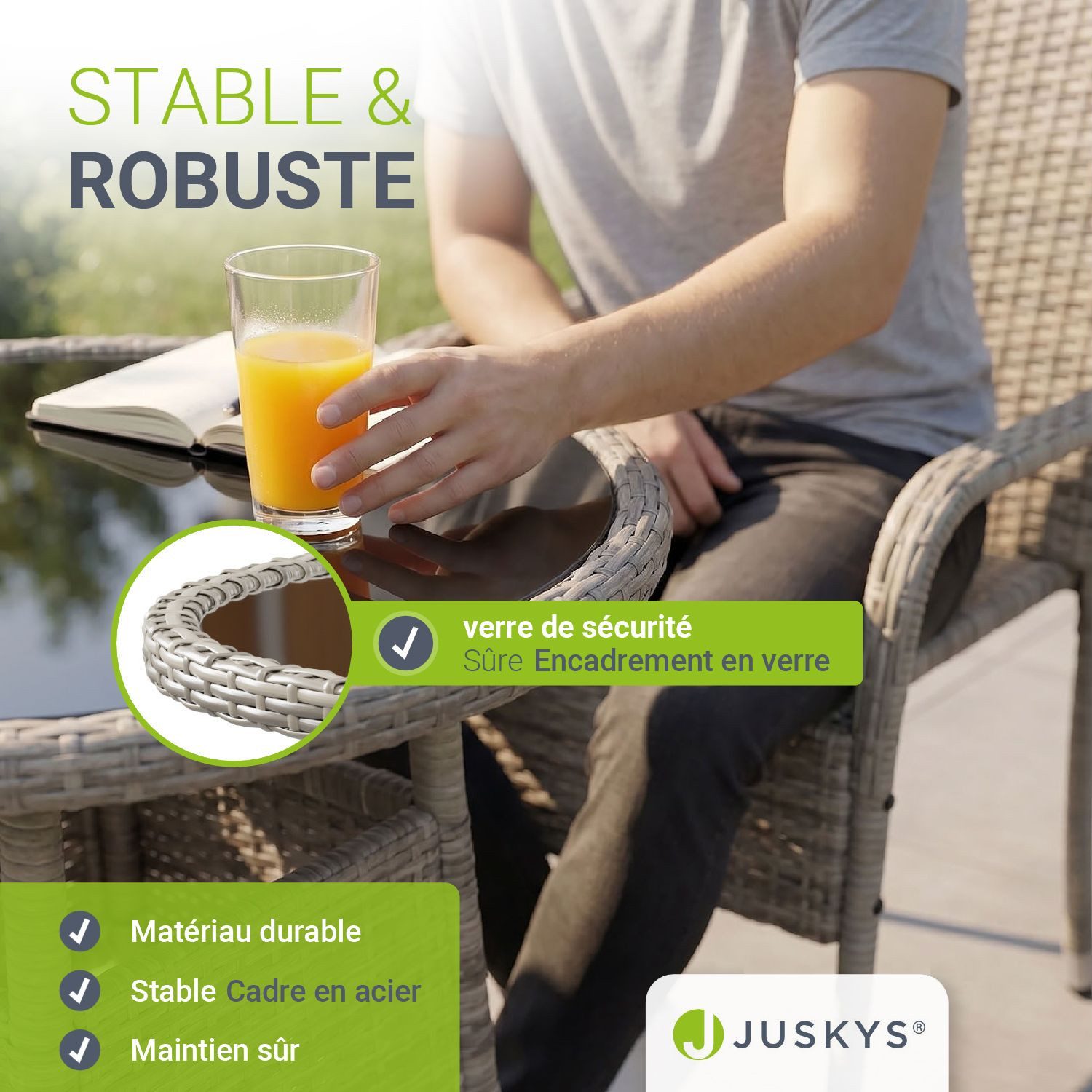 Juskys Gartentisch Yoro, rund, aus Polyrattan, wetterfest & langlebig, pflegeleicht