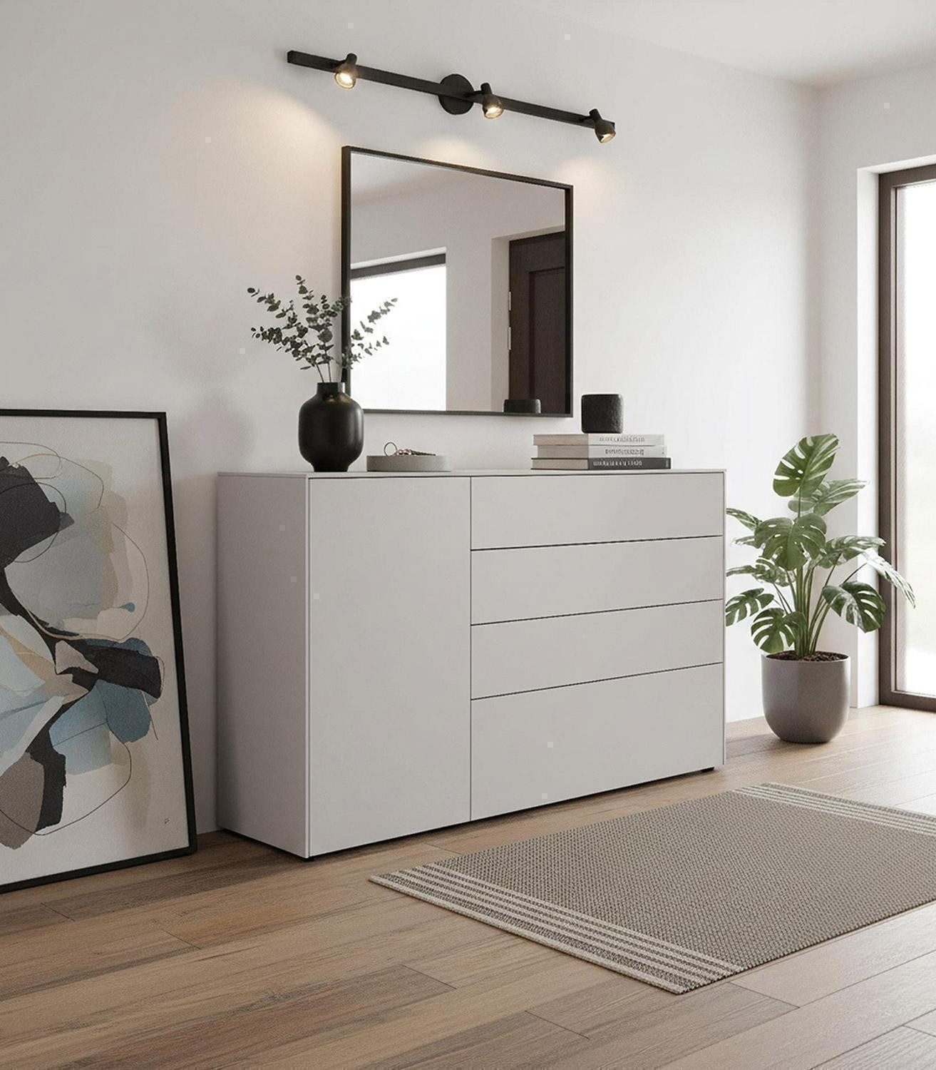 Vito Kommode LOMENA, Cashmeregrau, 1 Tür, 4 Schubladen, Push-to-Open-Funktion, B 137 x H 93 x T 41 cm