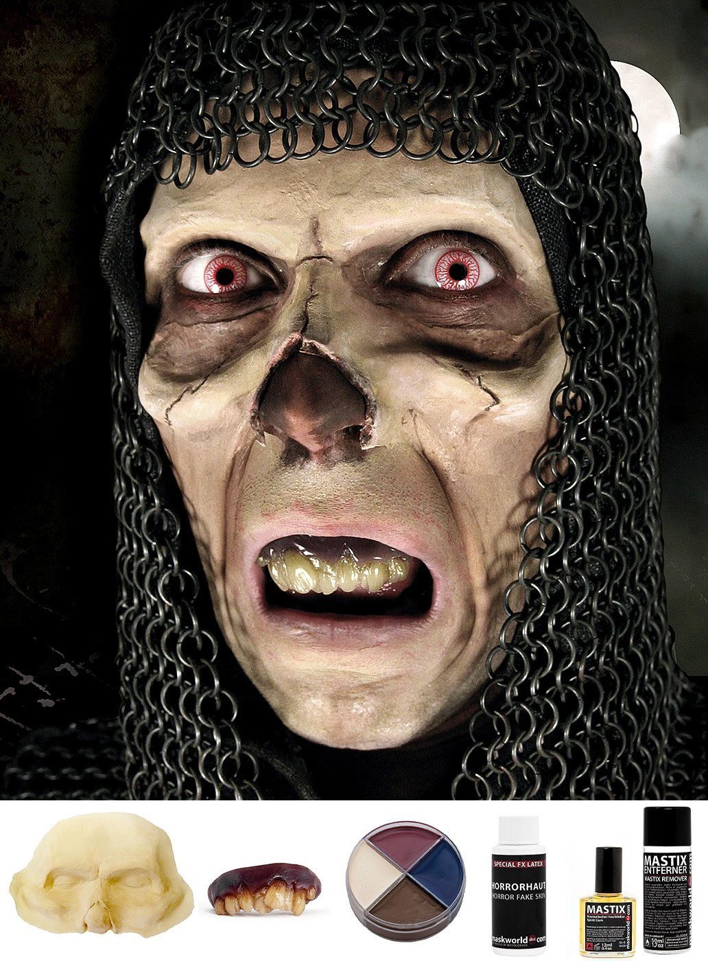 Maskworld Verkleidungsmaske Untoter Deluxe Make-up Set, Skelett Maske zum Ankleben mit Zähnen, Schminke und Effekten