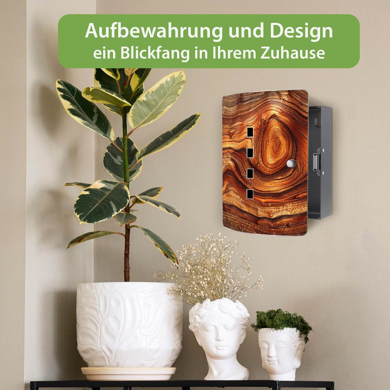 banjado Schlüsselkasten Edelstahl mit Motiv Holz Gemasert Astloch (verstellbarer Magnetverschluss, mit 10 Haken, gebogene Tür, einstellbarer Magnet), 24 x 21,5 x 7 cm