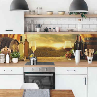 Bilderdepot24 Küchenrückwand gelb dekor Bäume Wald Natur Wein mit Ausblick Wandverkleidung Küche, (1-tlg., Nischenrückwand - für Fliesenspiegel ohne Bohren - matt), Spritzschutz Rückwand Küche Herd - Folie selbstklebend versch. Größen
