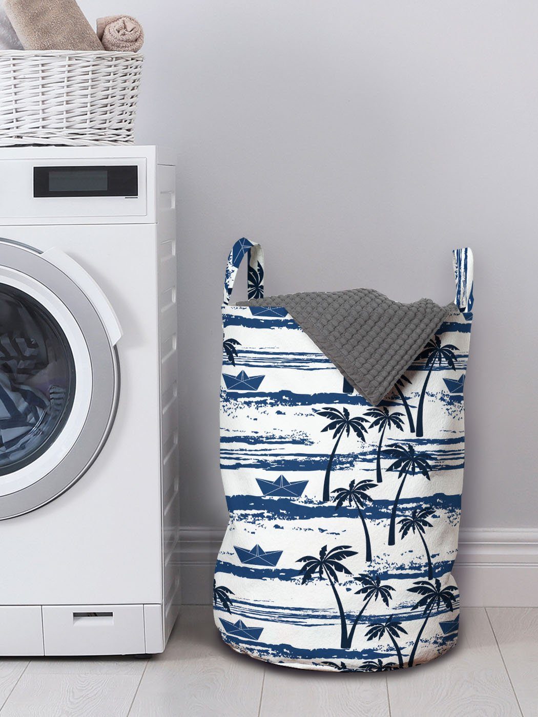 Wäschekorb mit Waschsalons, Wellen Abakuhaus auf Papierboote Palme Kordelzugverschluss für Griffen Wäschesäckchen