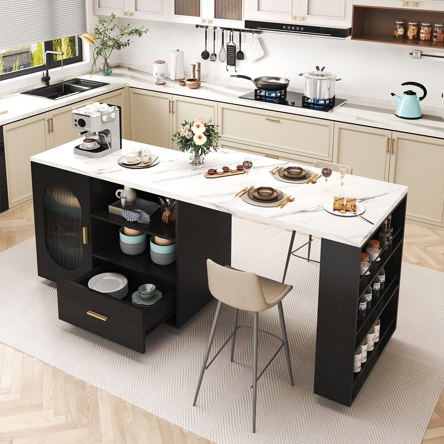 mukuhi Kücheninsel 360° drehbar mit Stauraum erweiterbar rollbar, Schublade integriert, offene Ablagen, multifunktional