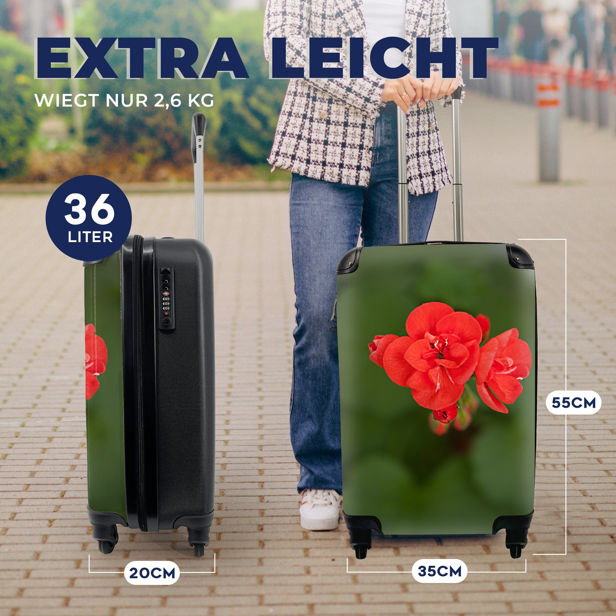 4 mit für Reisekoffer rote Ferien, Handgepäck Trolley, Blühende Reisetasche rollen, Geranienblüte, MuchoWow Handgepäckkoffer Rollen,