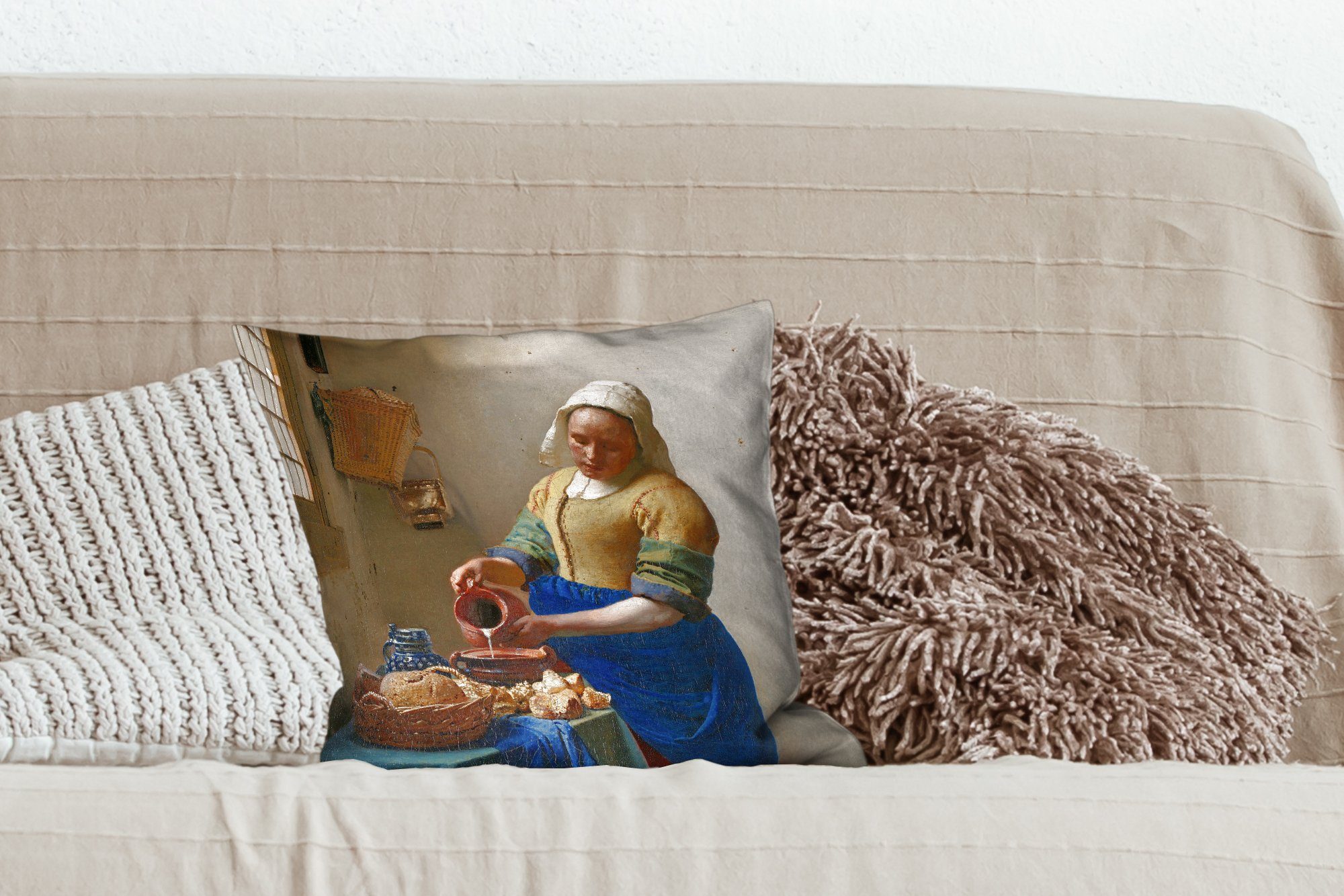 MuchoWow Dekokissen Das Milchmädchen - Meister Deko, Wohzimmer, Zierkissen Sofakissen Schlafzimmer, - Alte mit - Füllung Vermeer, Kunst für