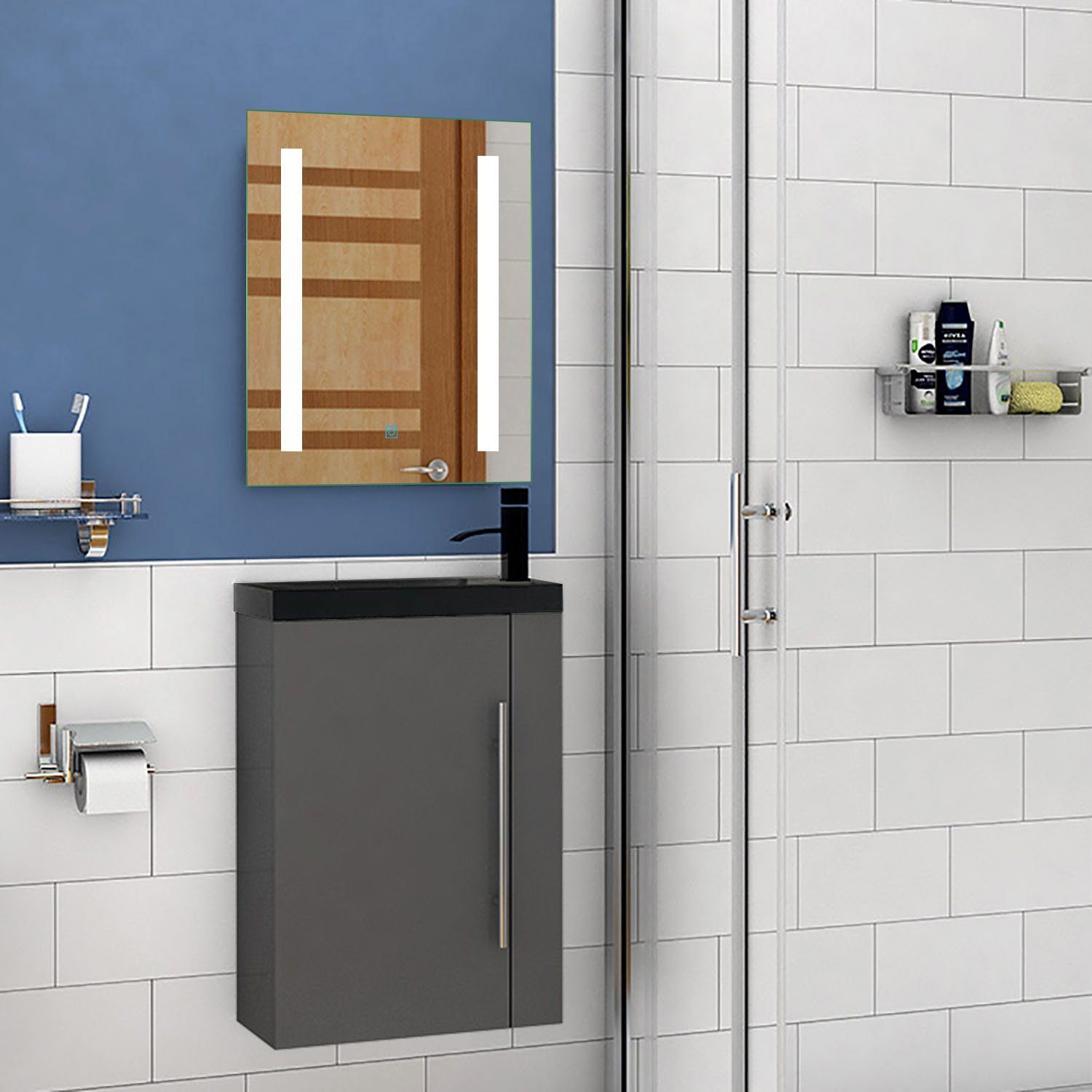 duschspa Waschtisch 45 cm Breite Waschbecken mit Unterschrank Gäste WC, Schwarz Becken