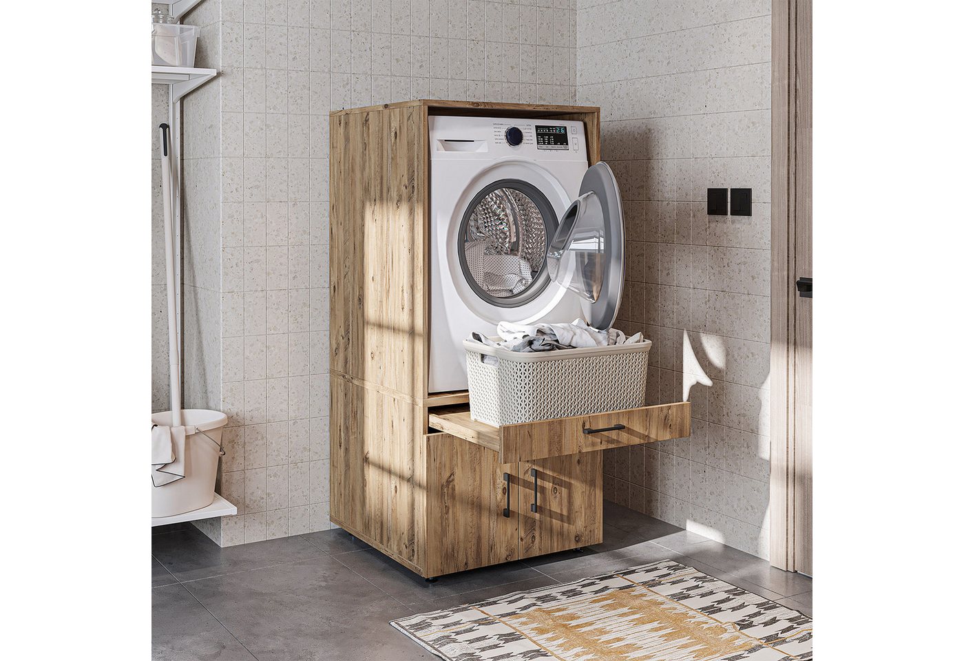 Roomart Waschmaschinenunterschrank Roomart Waschmaschinenschrank 67 cm – Ausziehbrett, Schublade, Lüftung (Set) Waschmaschine auf Arbeitshöhe, Lüftungsschlitz, Ausziehbrett