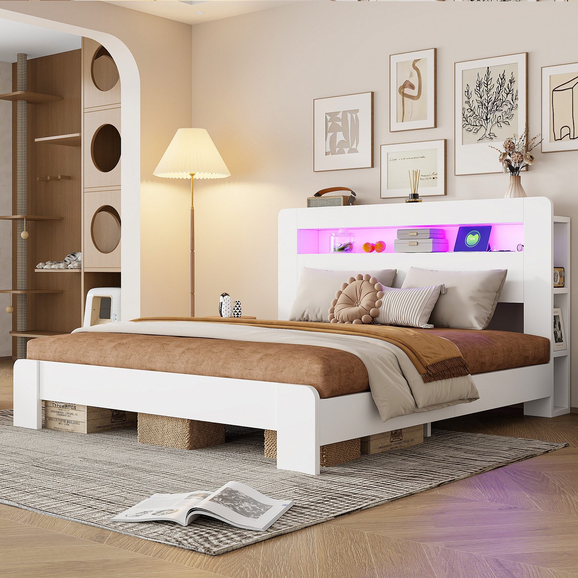 REDOM Funktionsbett mit LED-Beleuchtung, Holzbett Doppelbett (mit Kopfteil-Stauraum & integrierten Steckdosen), ohne Matratze