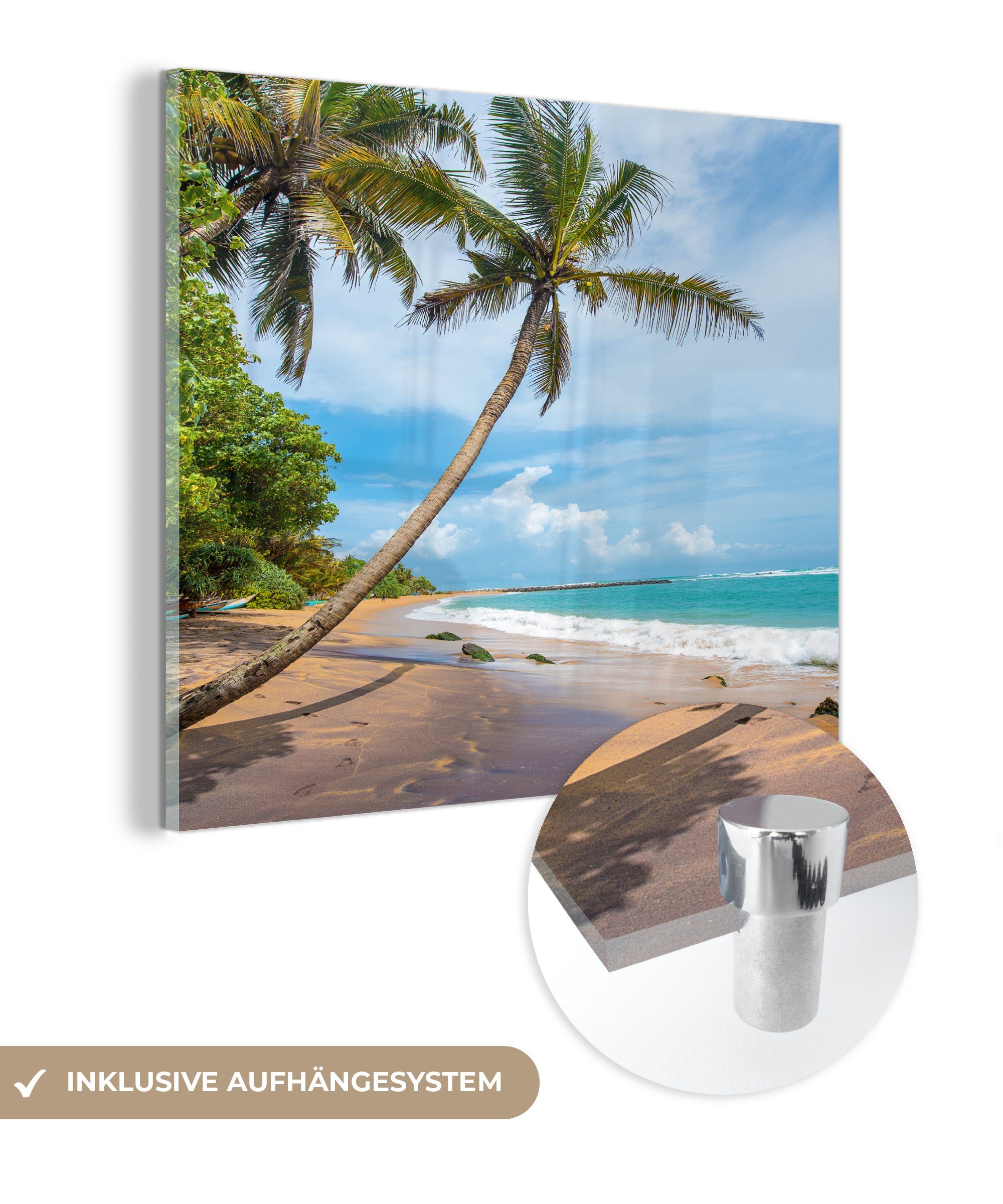 MuchoWow Acrylglasbild Palme - Strand - Meer, (1 St), Glasbilder - Bilder auf Glas Wandbild - Foto auf Glas - Wanddekoration