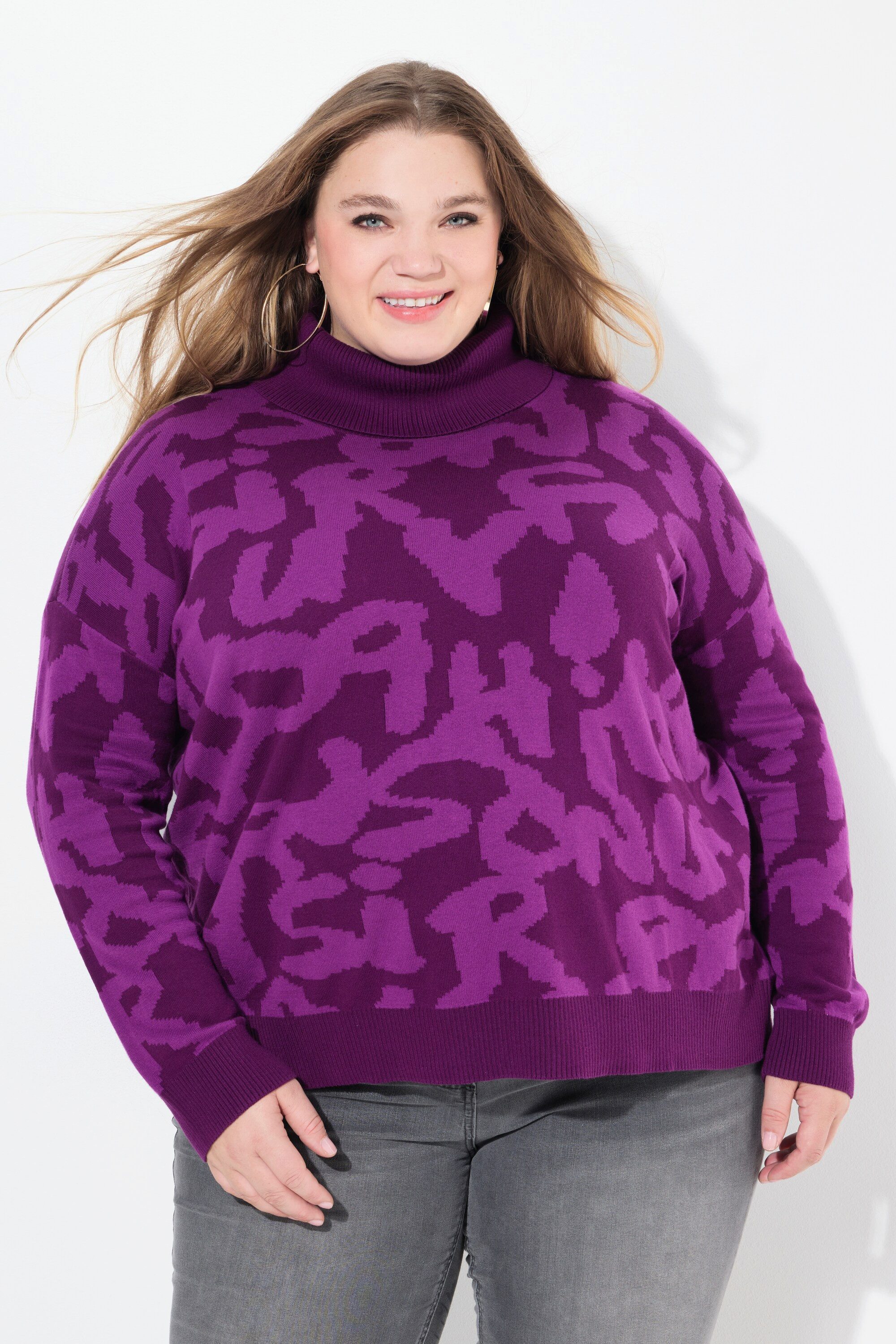 Ulla Popken Longpullover Pullover Buchstaben gerippter Rollkragen Langarm