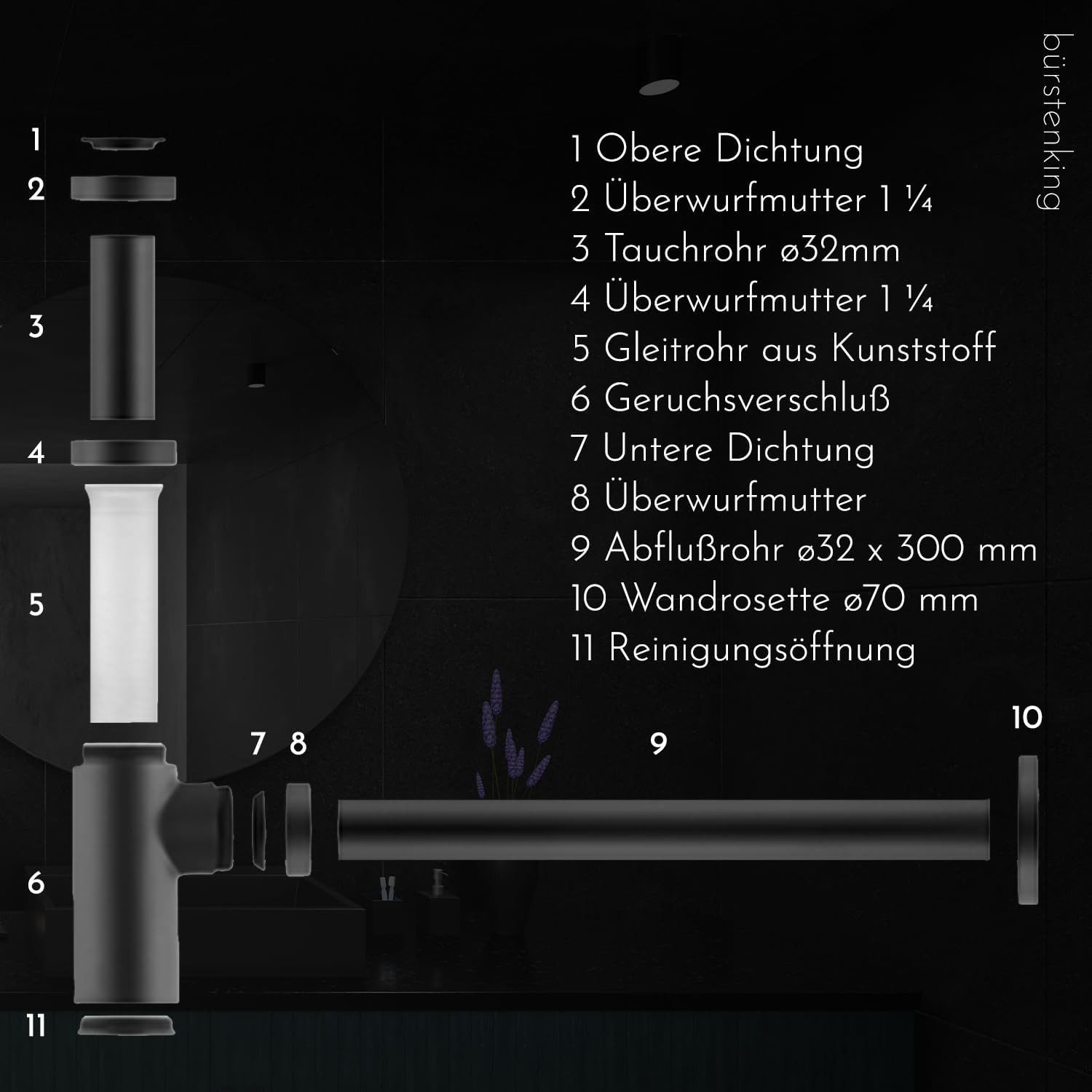 Bürstenking Siphon Universal Design Siphon Chrom – 1 1/4" für Waschbecken & Waschtisch, (DN32)