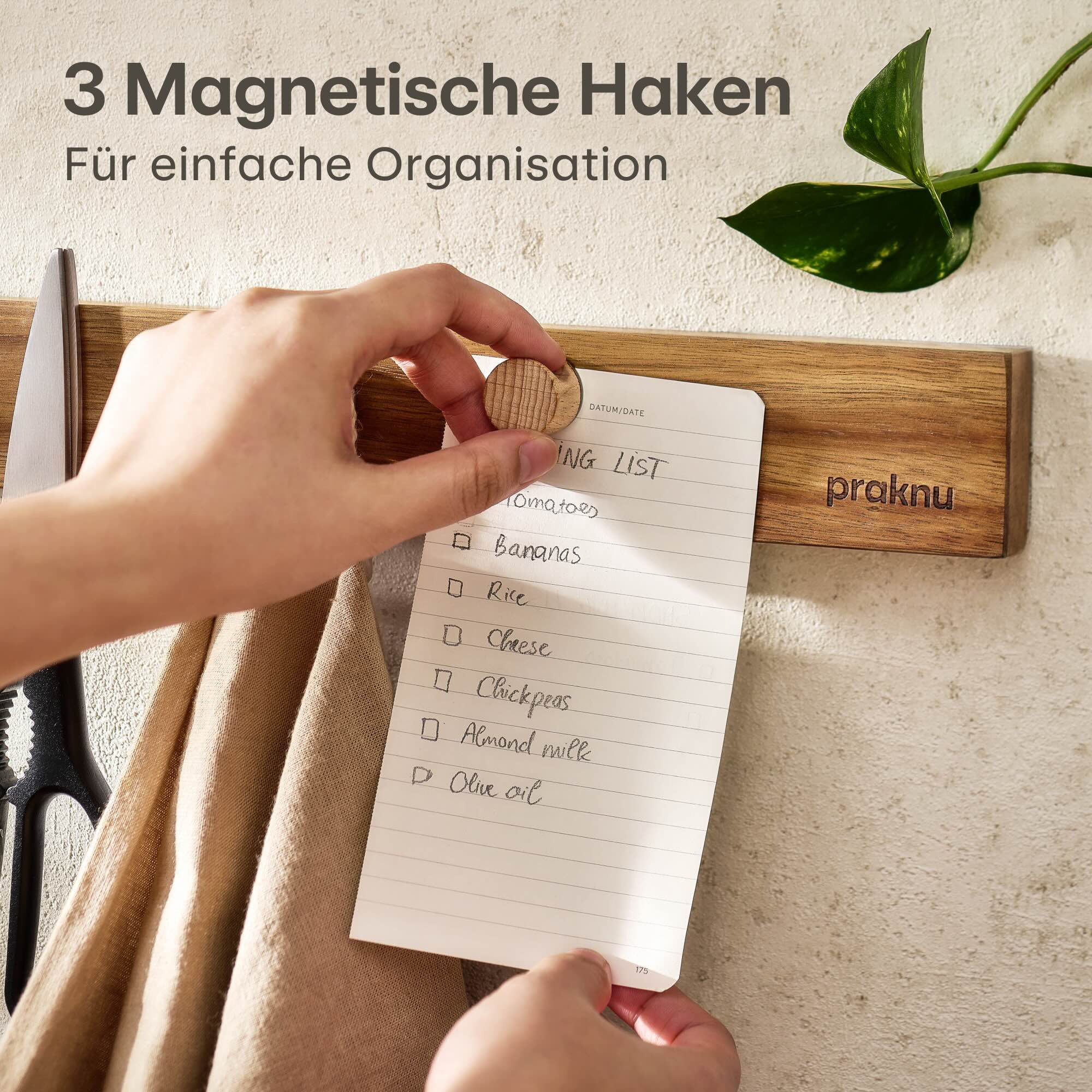 Praknu Wand-Magnet Messer-Leiste Magnetleiste Messer selbstklebend 40 cm - Messerhalter aus (1tlg), Mit 3 magnetischen Haken und Kleber - Ohne Messer - Einfache Montage