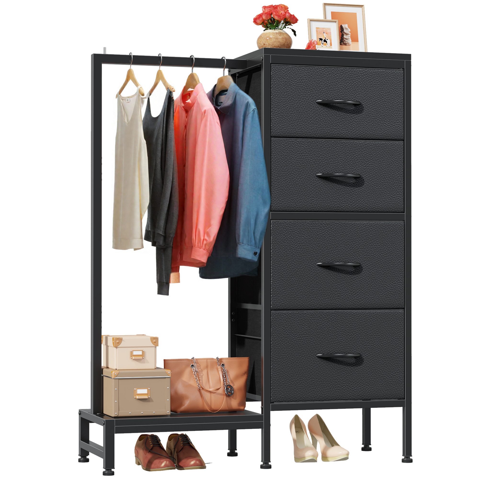 OYRREU Kinderkleiderschrank Kommode mit Kleiderstange & Schuhregal, platzsparend (Aufbewahrungsschrank-Set 1-St., mit 4 Stoffschubladen, Schuhablage) 3-in-1 Organizer Schlafzimmer Garderober
