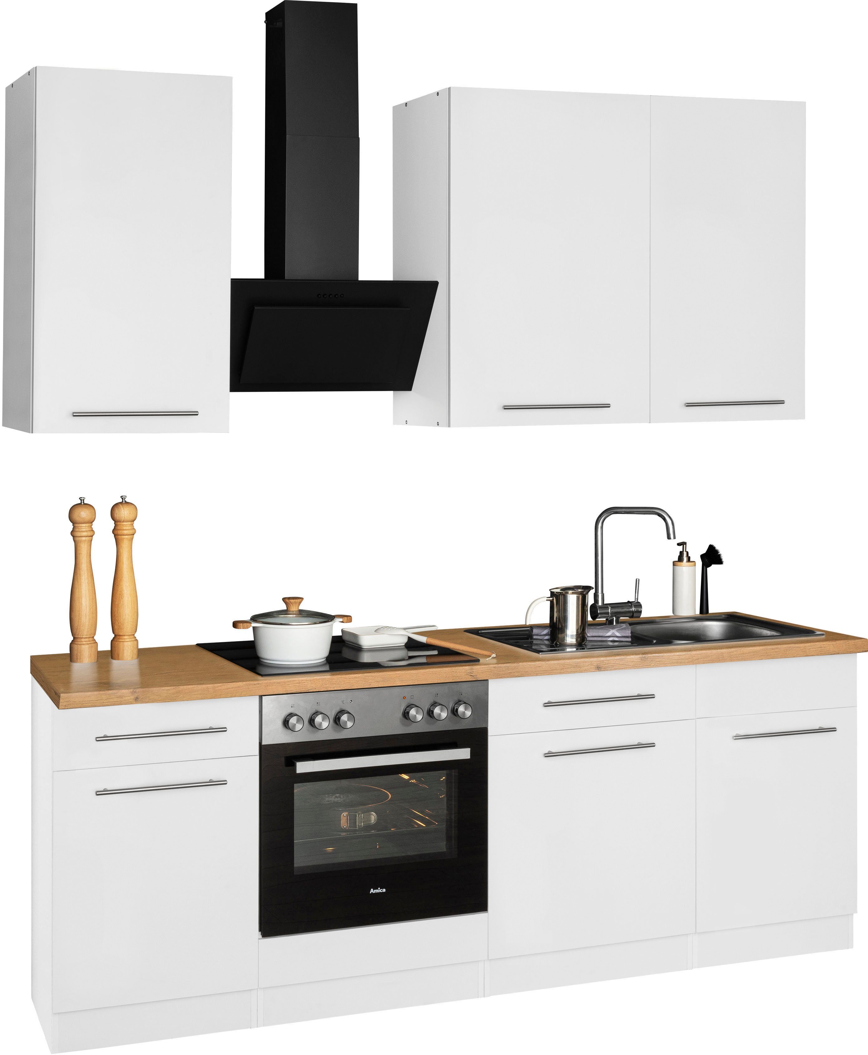 Front: weiß | Korpus: weiß | Arbeitsplatte: Kastelleiche Nachbildug