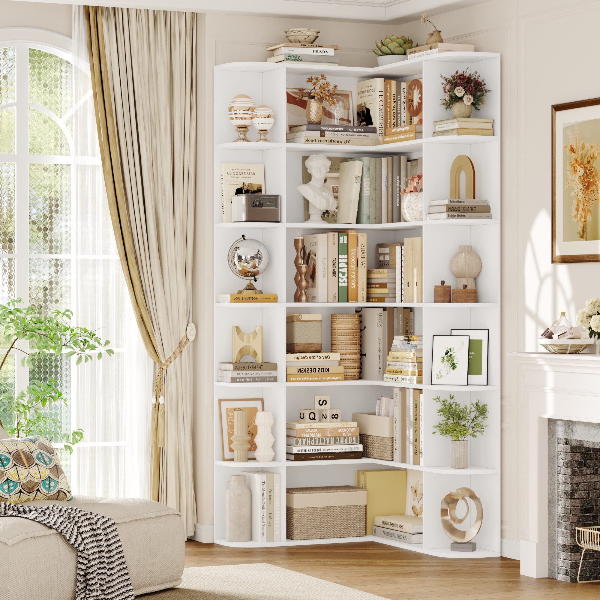 Homfa Bücherregal 185 cm Eckregal Bücherschrank Eckbücherregal, Standregal L-förmiger Eckschrank 80 x 84 x 185 cm, weiß