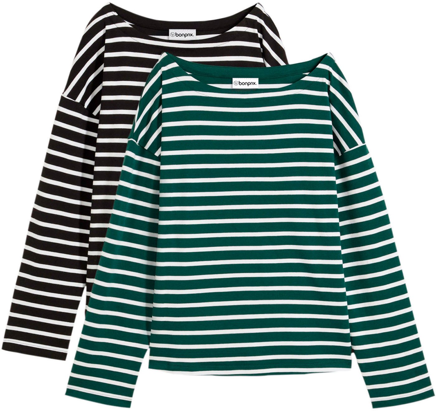 bonprix Langarmshirt (Packung, 2-tlg., 2) Oversize Passform, weiter Ausschnitt, gestreifte Optik