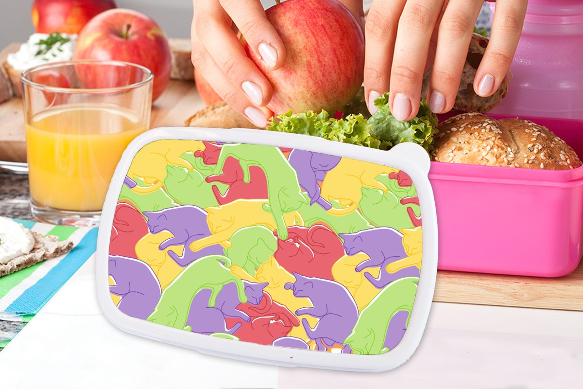 Lunchbox Brotdose MuchoWow (2-tlg), - Snackbox, Mädchen, Erwachsene, - Brotbox Pastell für Kinder Regenbogen - Kunststoff Muster, - Katzen Kinder, Kunststoff, rosa