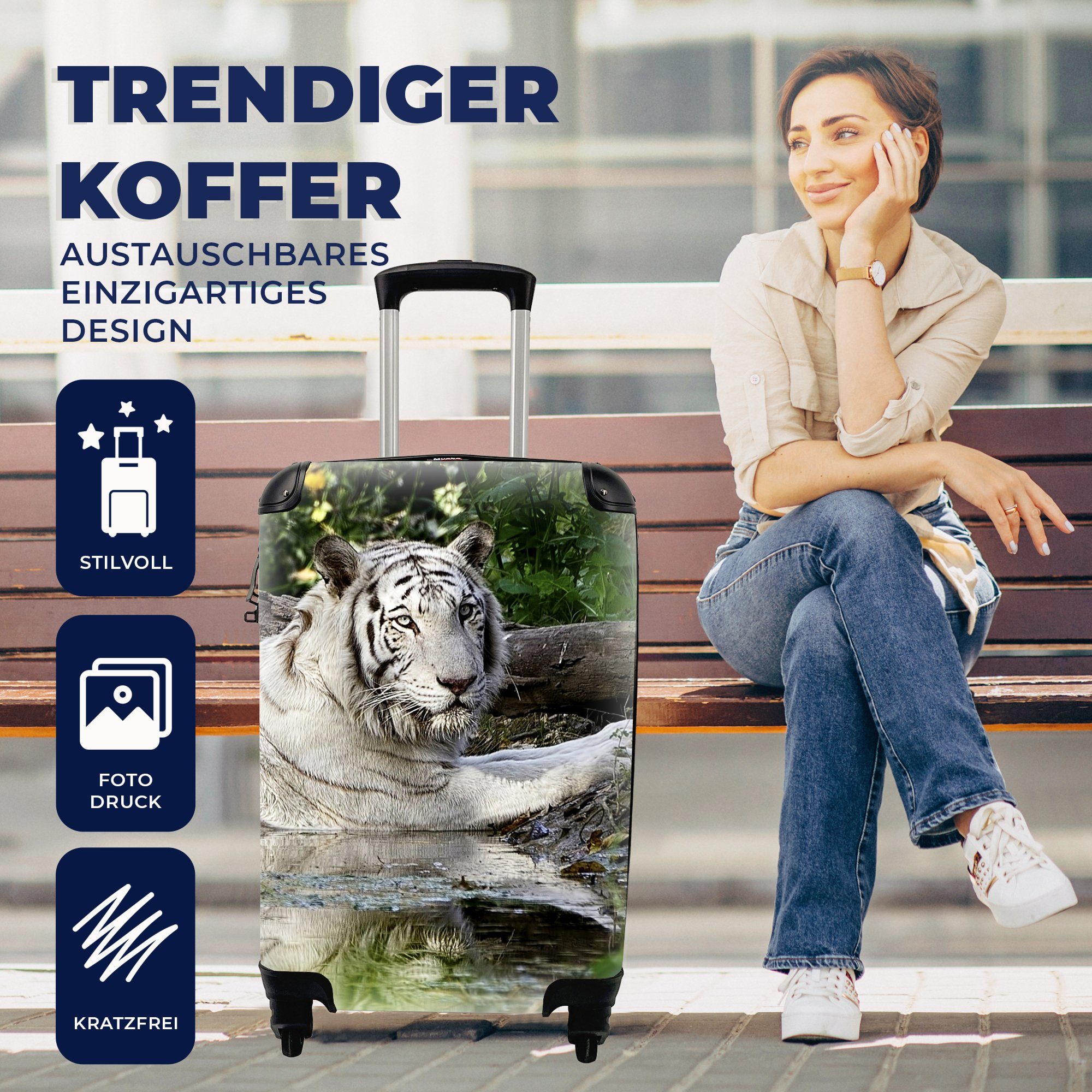 MuchoWow Handgepäckkoffer Weißer Tiger im Ferien, Reisekoffer Wasser, Rollen, Handgepäck Trolley, rollen, 4 Reisetasche für mit