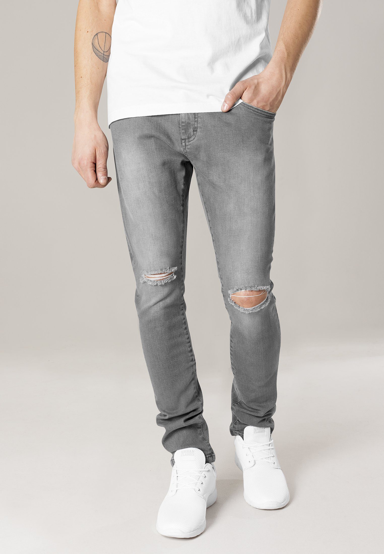 URBAN CLASSICS Bequeme Jeans Herren Slim Fit Knee Cut Denim Pants (1-tlg) grey