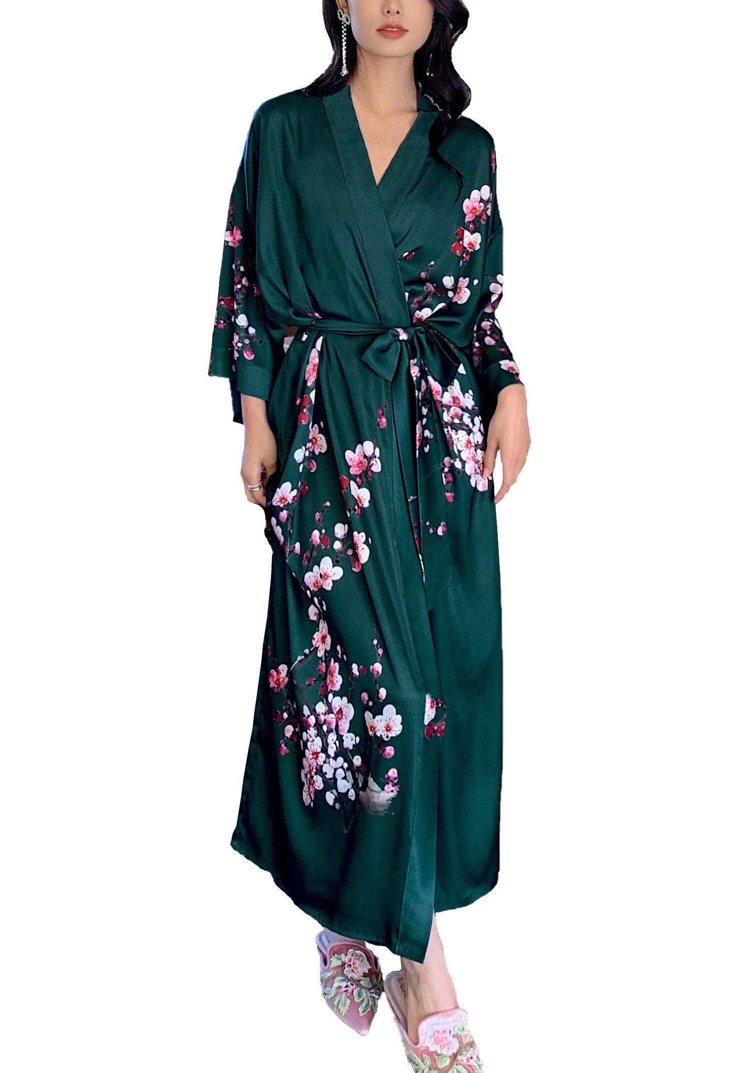Morgenmantel Schlafmantel Bademantel kimono lang leicht satin Einheitsgröße