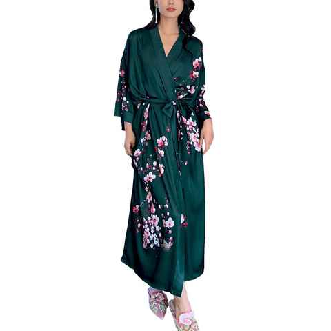 Vivi Idee Morgenmantel Schlafmantel Bademantel kimono lang leicht satin Einheitsgröße, Prunus mume