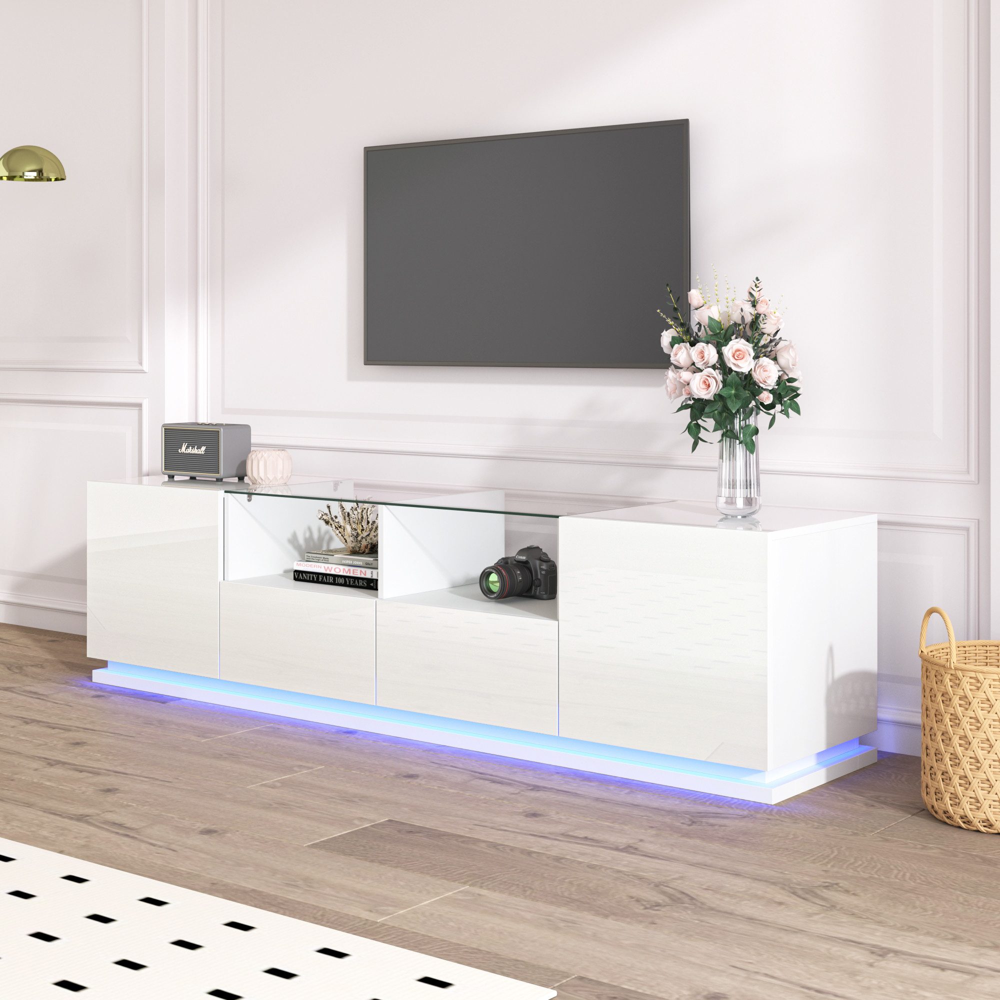 HAUSS SPLOE TV-Schrank Hochglänzend mit 2 Schubladen, 2Türen, Lowboard, LED-Licht, Weiß mit Glastischplatte und LED, mit Türen und Schubladen