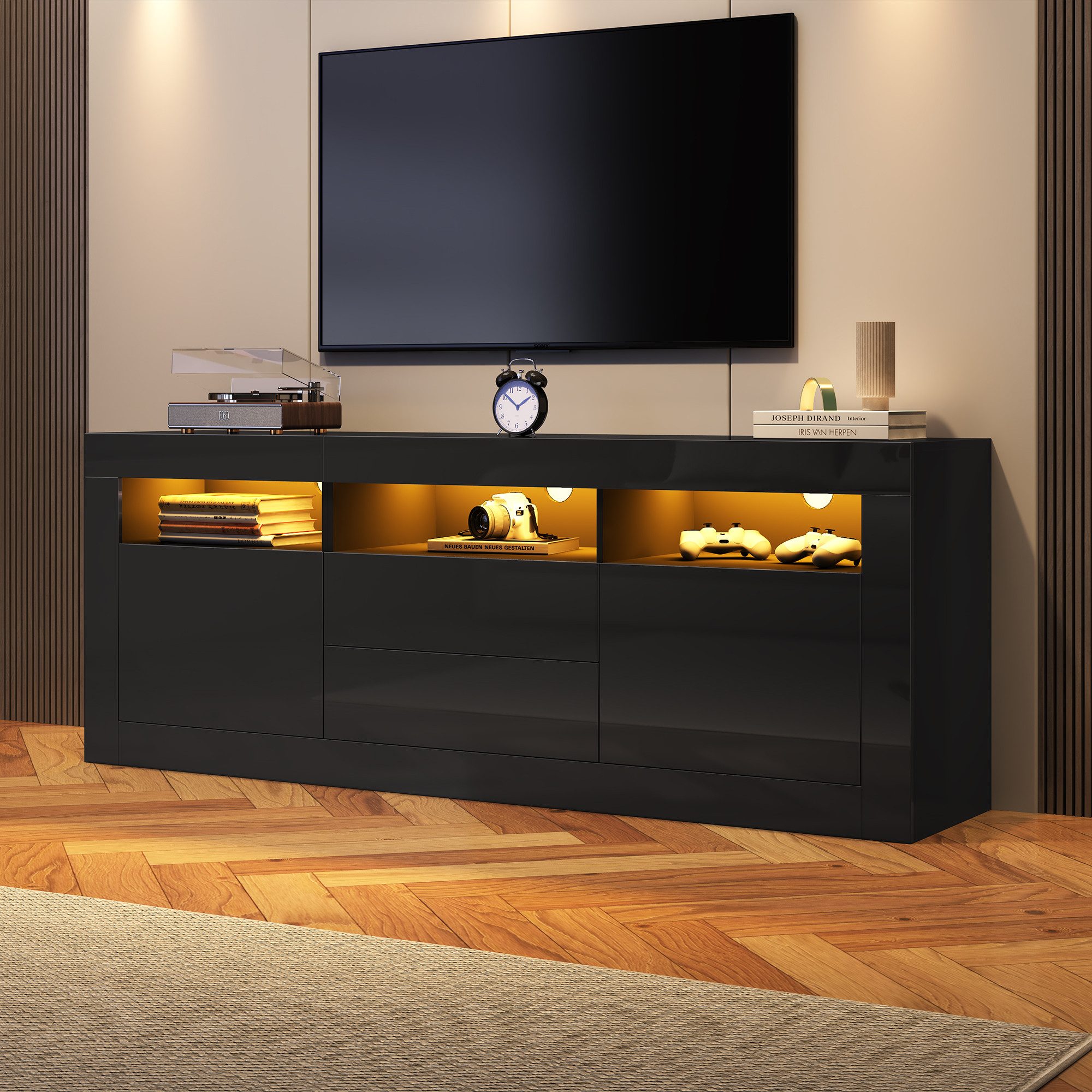 STILVORA Lowboard mit LED&Schubladen,TV-Schrank Fernsehschrank mit offenen Fächern (TV-Ständer für 70-Zoll-Fernseher, 3 offenen Fächern, 2 Türen, 2 Schubladen), mit LED-Beleuchtung