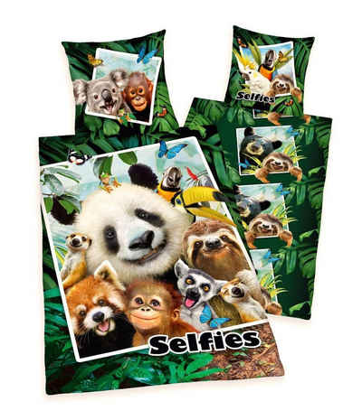 Jugendbettwäsche Selfies Jungle 135x200cm Dschungel Panda Grün, Herding, Renforcé, 2 teilig, Dschungeltiere, Selfie mit Reißverschluss