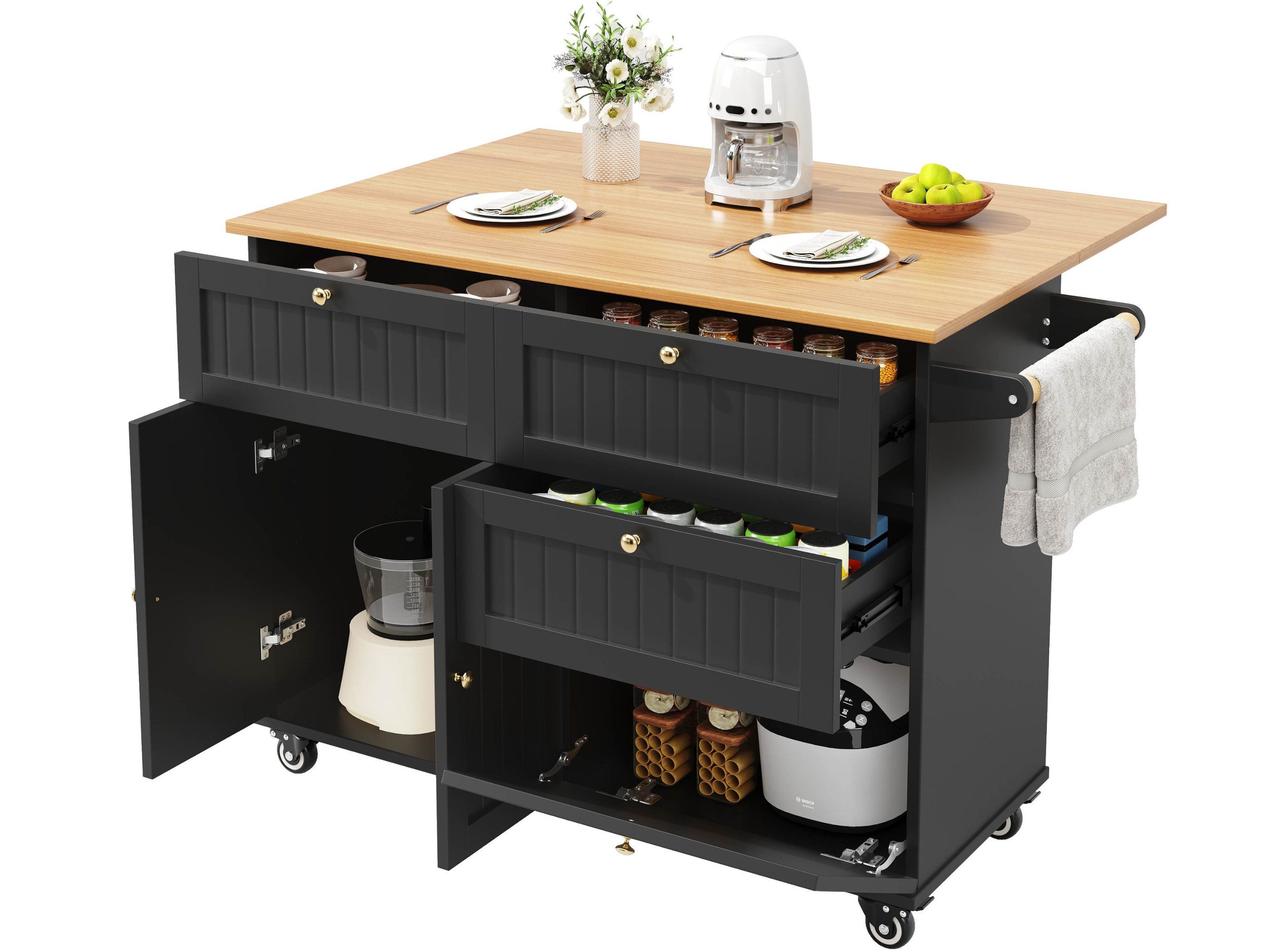 SeedWave Kücheninsel Freistehende Bewegliche Kücheninseln mit 120,8cm Klappbarer Tichplatte, Rollwagen mit 3 Türen, 3 Schubladen, Handtuchhalter