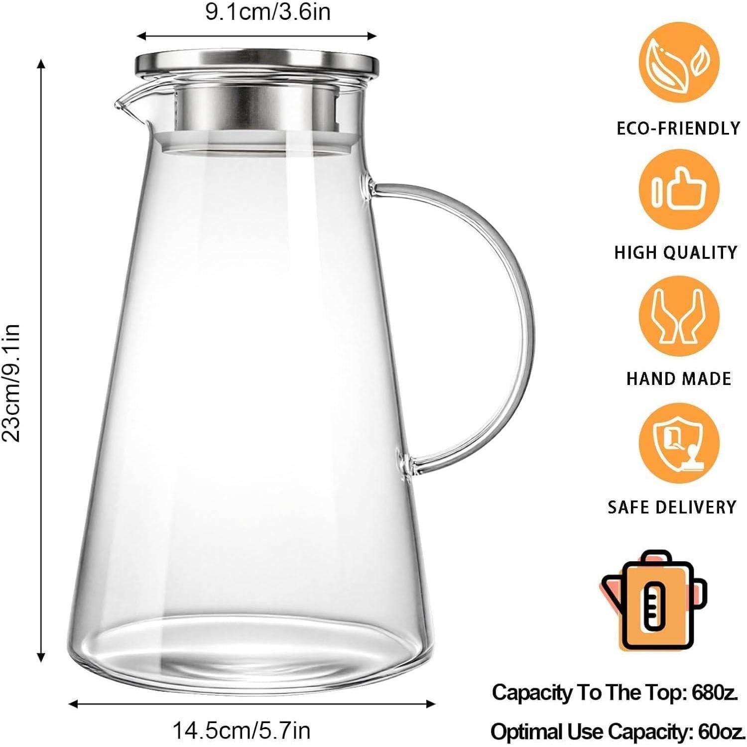 LuxusKollektion Wasserkaraffe Glaskaraffe 2 Liter mit Edelstahl Ausgießer und Deckel aus