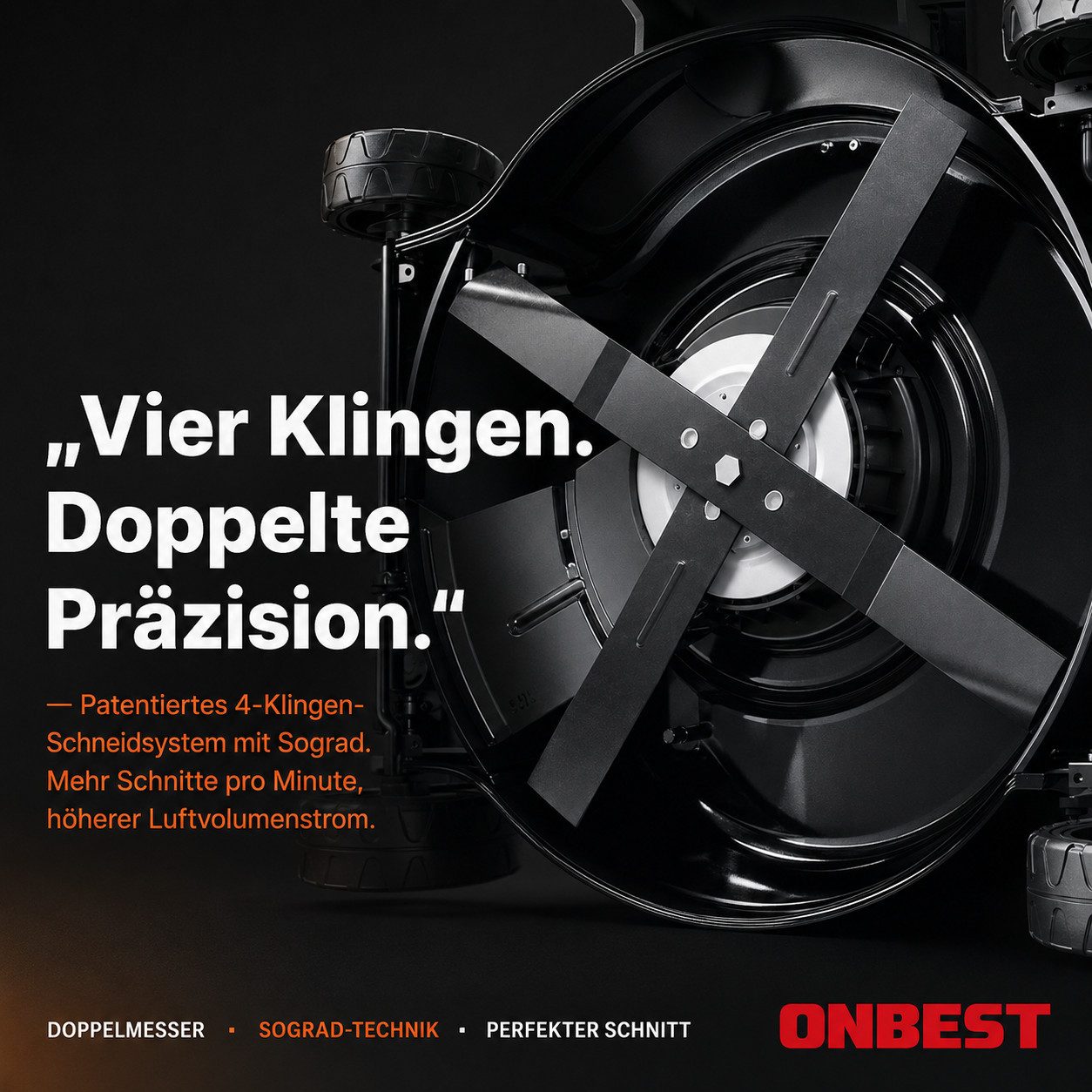 Onbest Benzinrasenmäher 5in1 mit Radantrieb Elektrostart Tornado X-Cut, 53.00 cm Schnittbreite, 6,5PS, Doppelmesser mit Sograd