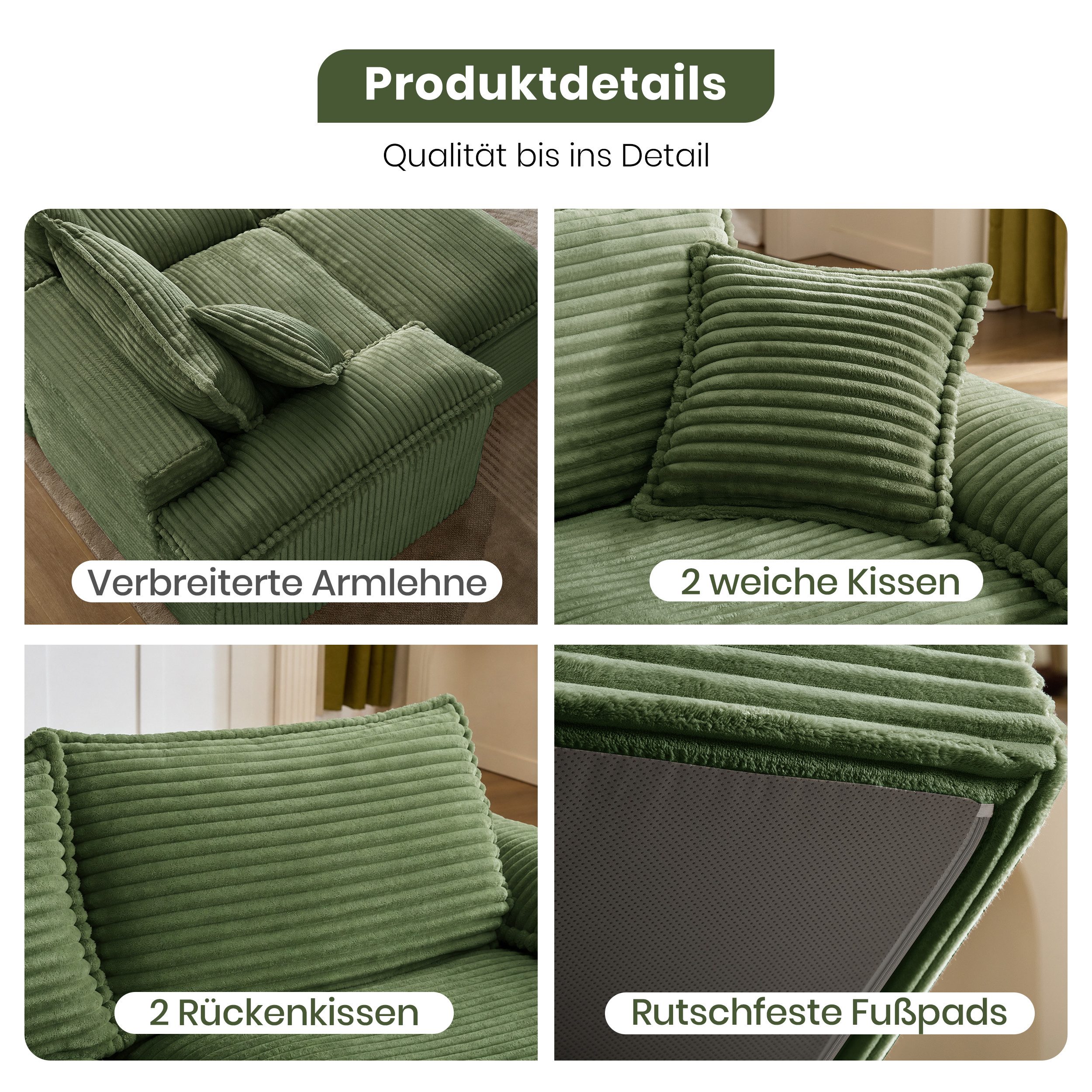 Vankel Schlafsofa Modulares Schlafsofa, 2-Sitzer Wohnzimmer Sofa mit Kissen, Bodensofa Cord Couch mit Hocker, Armlehne und Memory-Schaum