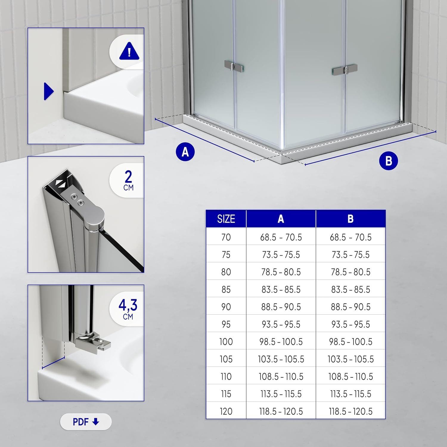 i-flair Eckdusche Falttür Duschkabine EMMA aus satiniertem 6 mm Sicherheitsglas, BxT: 70x70 cm, Einscheibensicherheitsglas, ohne Duschtasse, mit hochwertigen Aluminiumprofilen in silber, ebenerdiger Einbau möglich, mit Falttüren