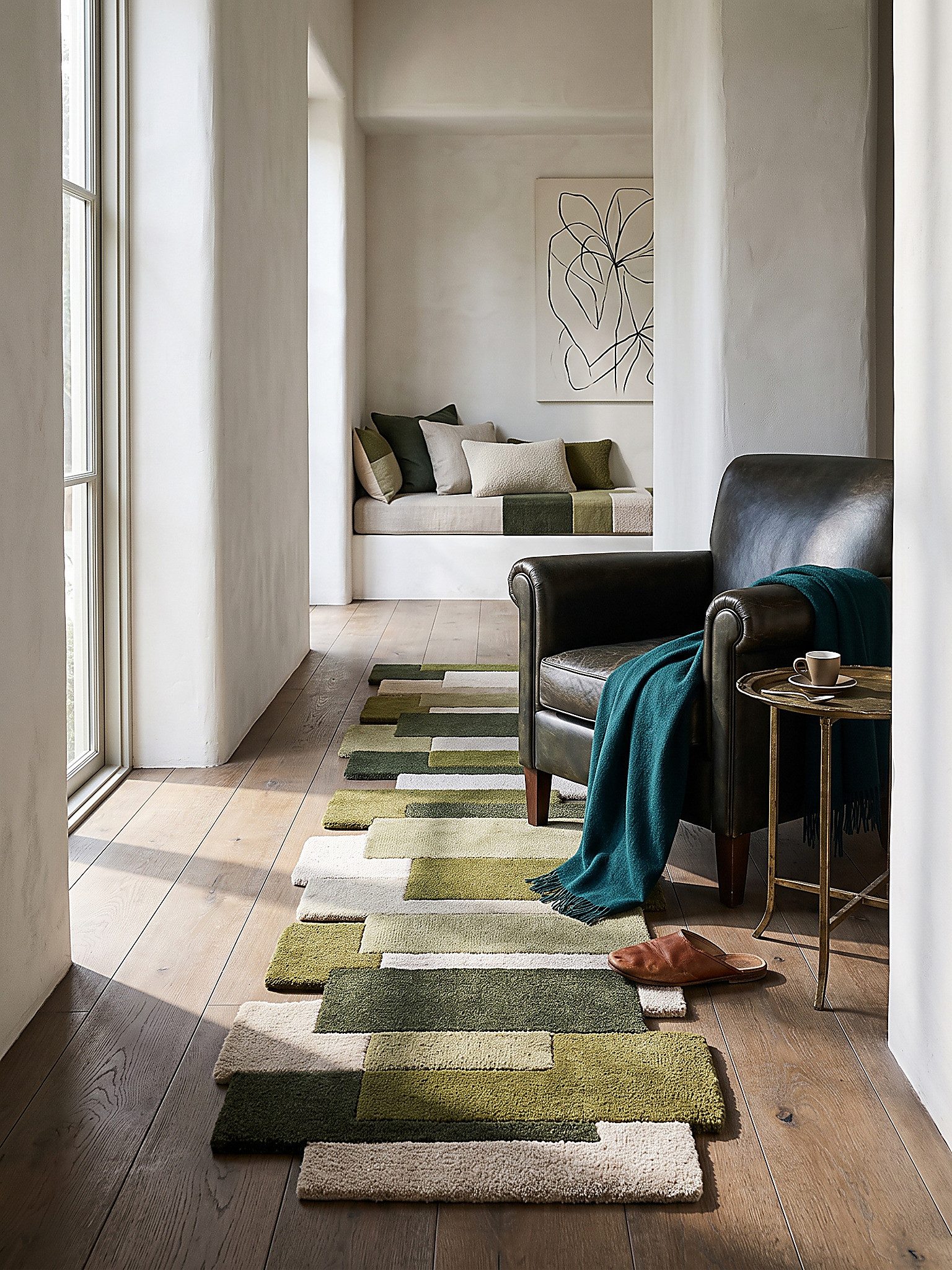 KADIMA DESIGN Wollteppich HALLEIN Teppich Farbblöcke modern zeitlos reine Wolle Naturfaser, Läufer, Höhe: 14 mm, Erdtöne-Grün, 60x230 cm, handgetuftet, Rücken 100 % Baumwolle, Flur