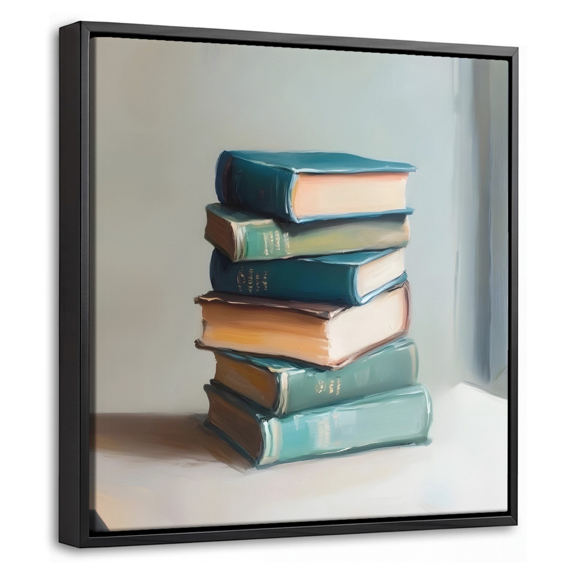 OneMillionCanvasses® Leinwandbild mit Rahmen - Stapel - Bücher - Grün - Tageslicht, Fotodruck (1 St), Leinwand Bilder Klein, Wand Dekoration Aesthetic 20x20cm