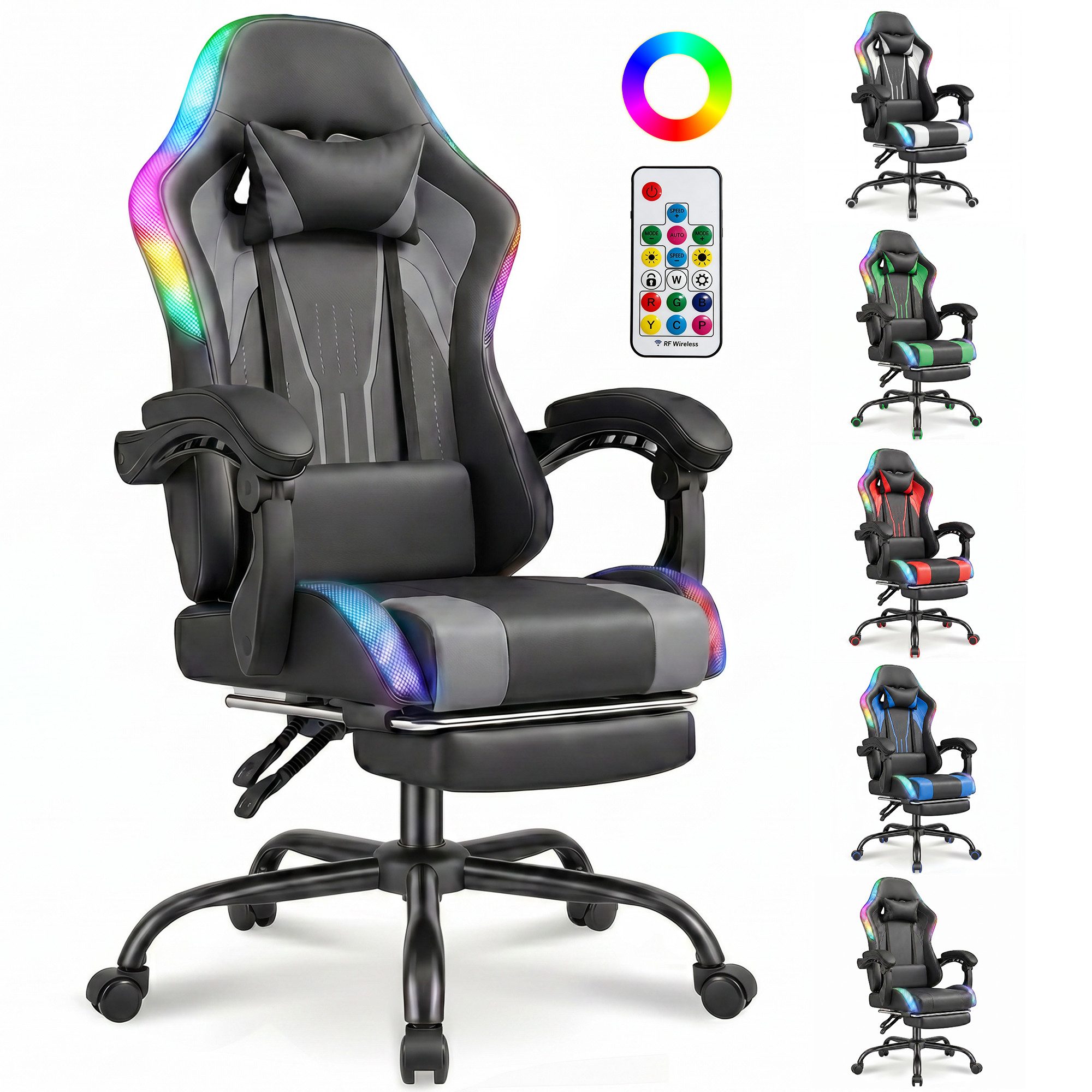 HOMALL Gaming-Stuhl mit LED,Ergonomisch,Fußstütze,computerstuhl,gaming stuhl mit massage, Ergonomischer Bürostuhl,Kopfstütze und Lendenstütze