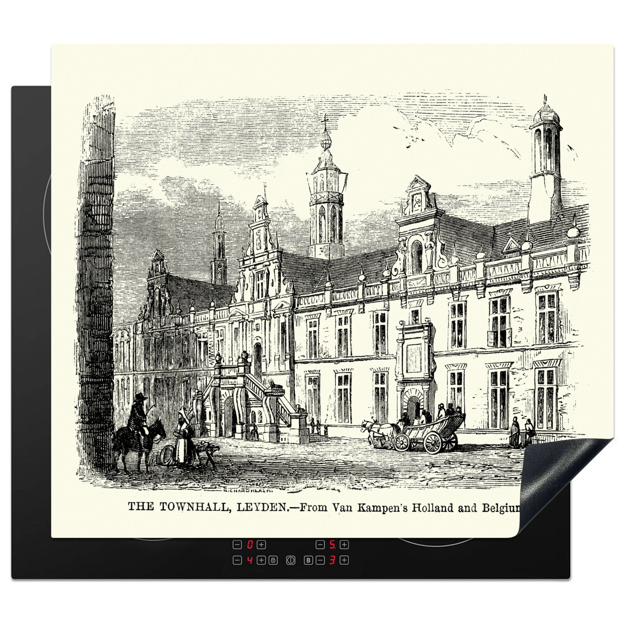 Rathauses von Ceranfeldabdeckung tlg), Mobile Leiden, MuchoWow (1 des Arbeitsfläche Vinyl, nutzbar, Herdblende-/Abdeckplatte 60x52 cm, Schwarz-Weiß-Abbildung