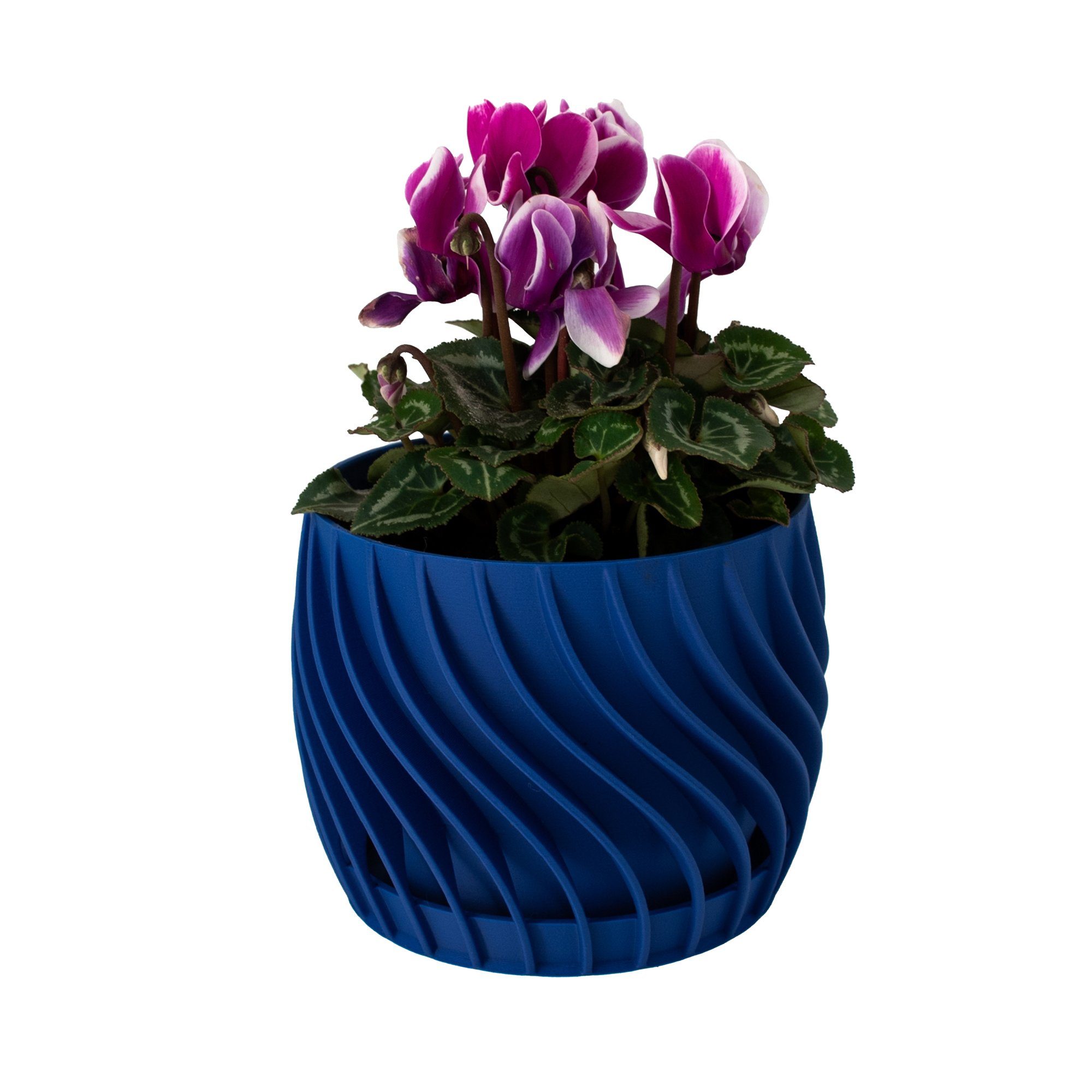 Shapes - Decorations Blumentopf the plate pot - Blumentopf mit integriertem Unterteller, 100% 3D-Druck (Einzelmodell, 1 x Blumentopf mit integriertem Untersetzer), Spiraloptik blau