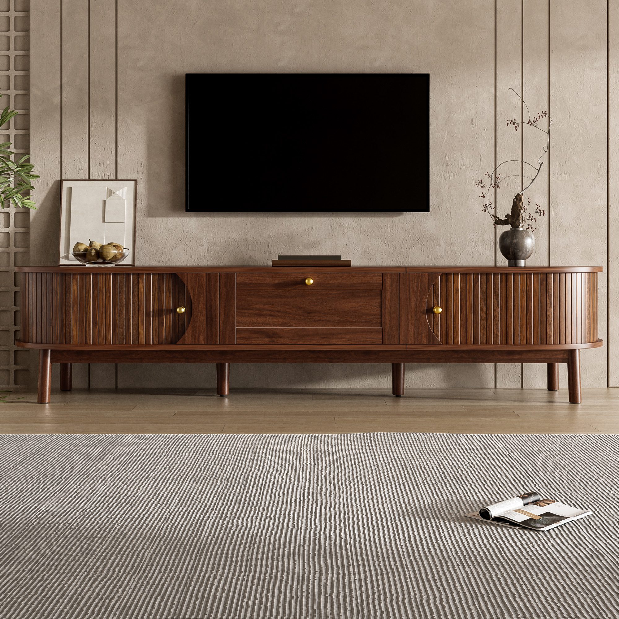 STILVORA TV-Schrank holz mass Lowboard stehend TV-Regal Wohnzimmer mit Schubladen TV-Tisch (Packung, 1-St., Klassisch abgerundete Ecken – Robuste Holzbeine, fürs Wohnzimmer) Bietet ausreichend Stauraum für TV-Zubehör und Bücher.