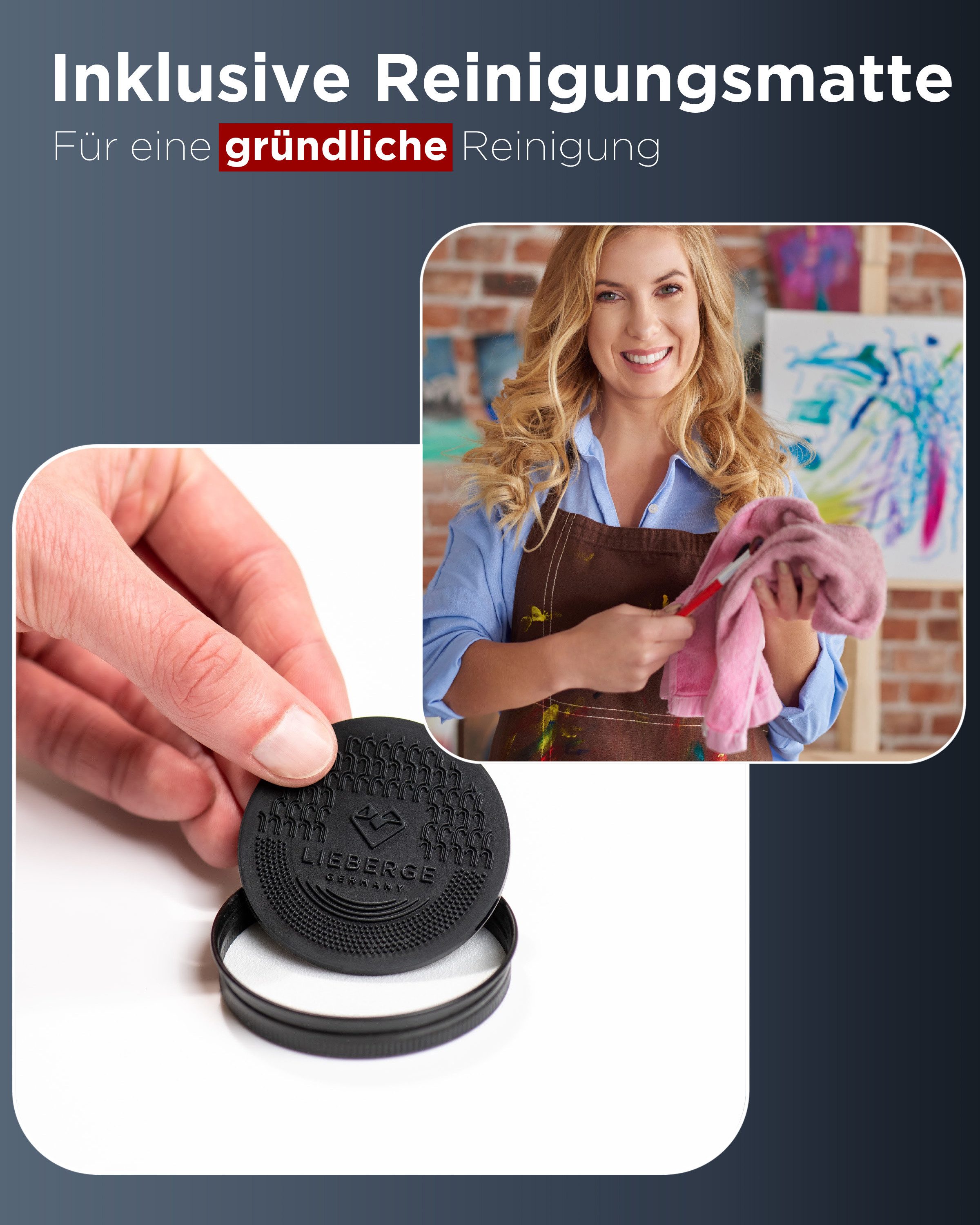 LIEBERGE Premium, 40g + hochwertige Pinsel Reinigungsmatte Pinselseife (Reinigungsset, [- 40g Gründliche Farbentfernung, Natur- & Synthetikpinsel)