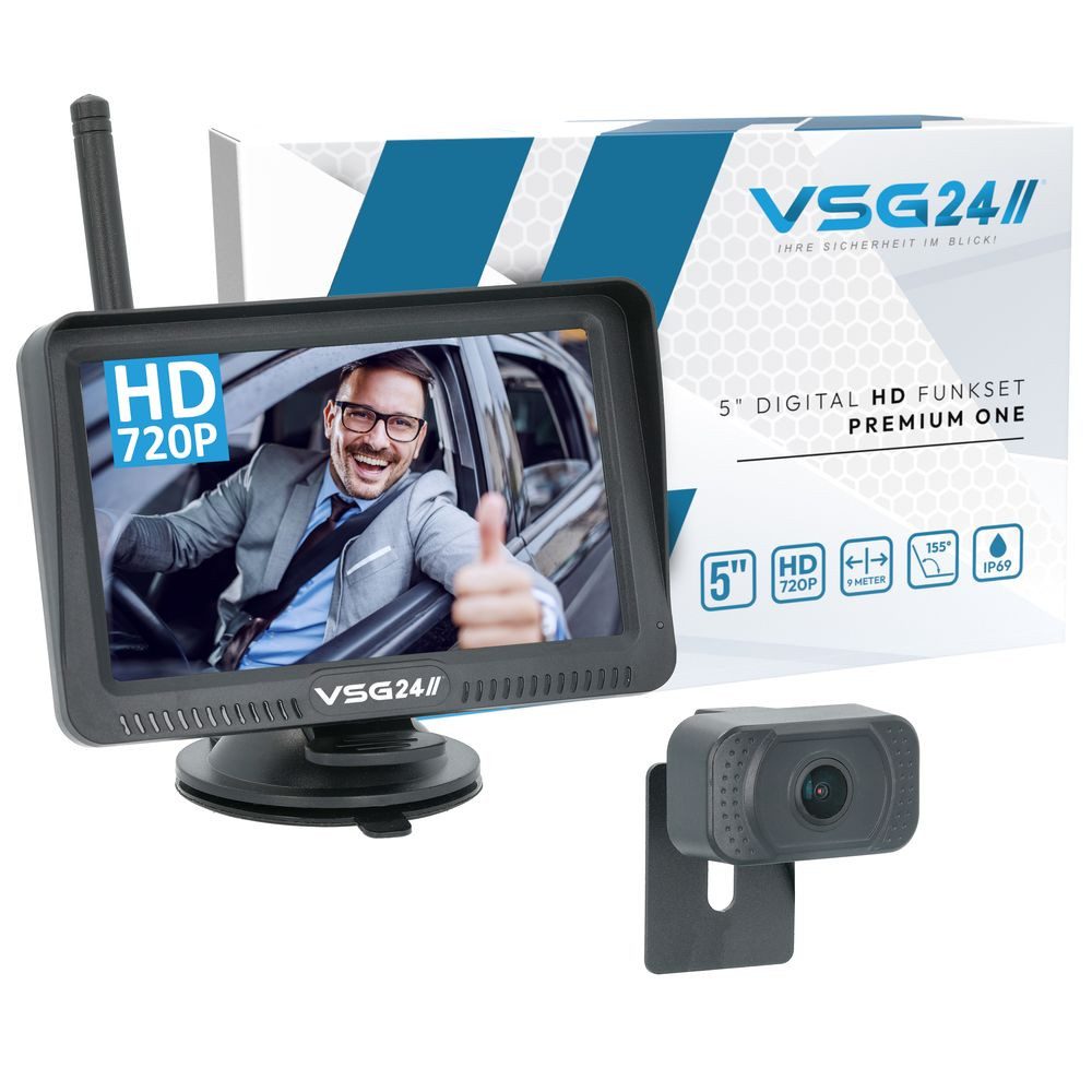 VSG24 5" FUNK-Set PREMIUM ONE HD für PKW Nummernschild inkl. Monitor, 1x Rückfahrkamera (Einfache Montage 12-24V CAN-BUS Ready 2.4GHz digital Funk Nachtsicht)