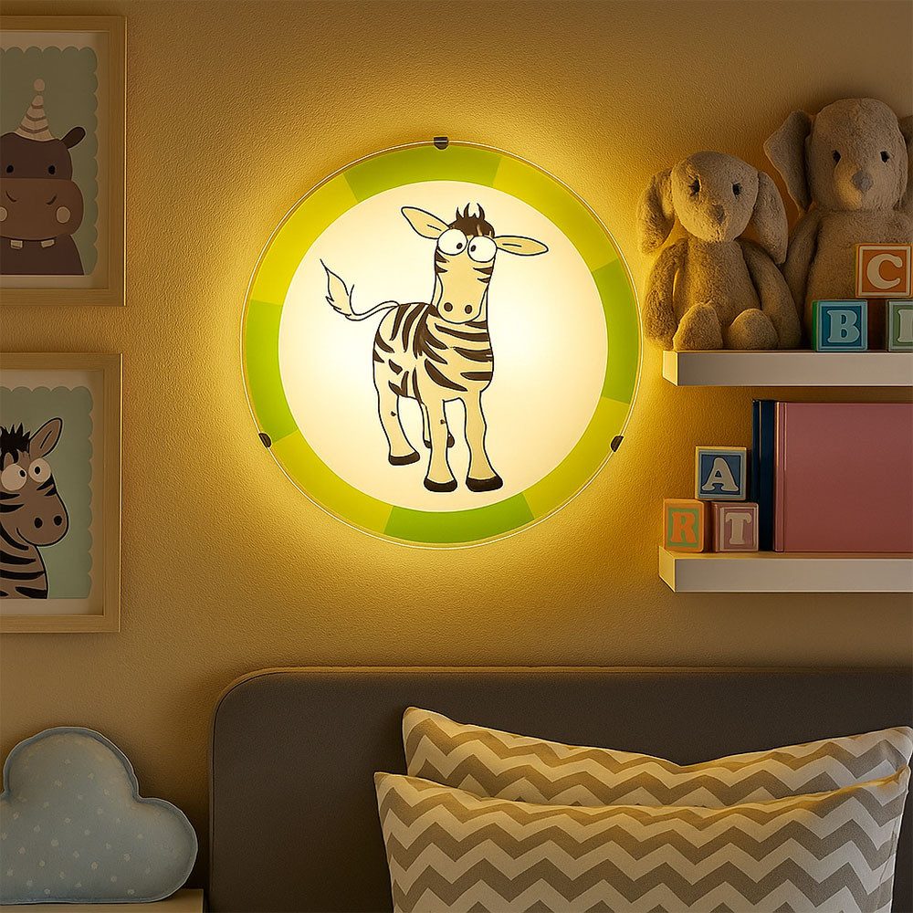 EGLO Deckenleuchte, Leuchtmittel nicht inklusive, Kinderlampe Deckenleuchte Wandlampe Glas grün weiß Zebra Motiv D 25 cm